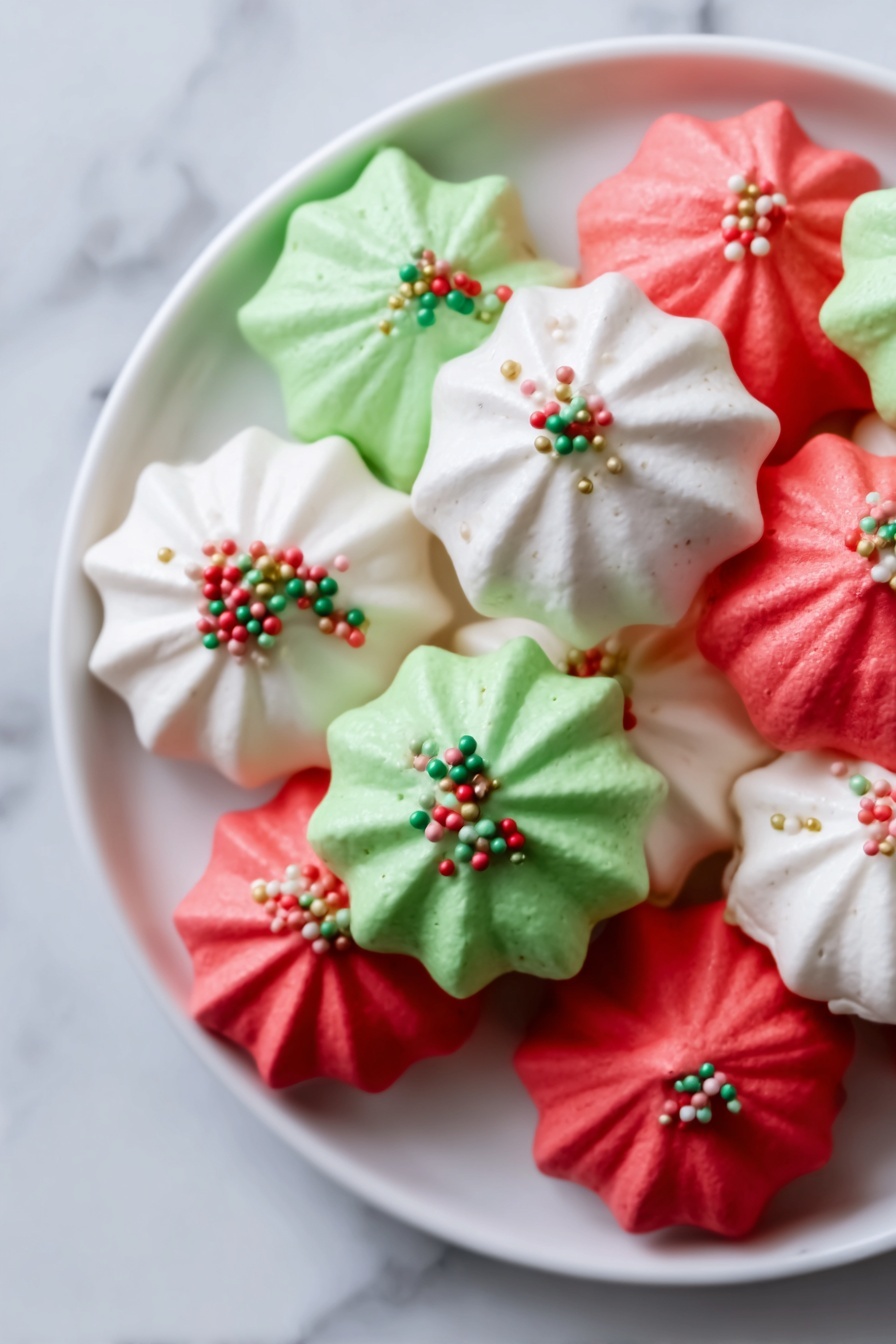 The image shows a white plate filled with colorful meringue cookies arranged closely together. There are three colors: white, green, and red, each cookie shaped like a star with ridged edges and a smooth, light texture. Some white and green cookies have tiny colorful round sprinkles on top, arranged in small clusters, while the red cookies are plain. The white plate is on a white marbled surface that adds subtle texture in the background. Photo taken with an iphone --ar 2:3 --v 7 - Christmas Meringue Kisses, festive meringue cookies, holiday treat ideas, easy Christmas desserts, sweet holiday snacks