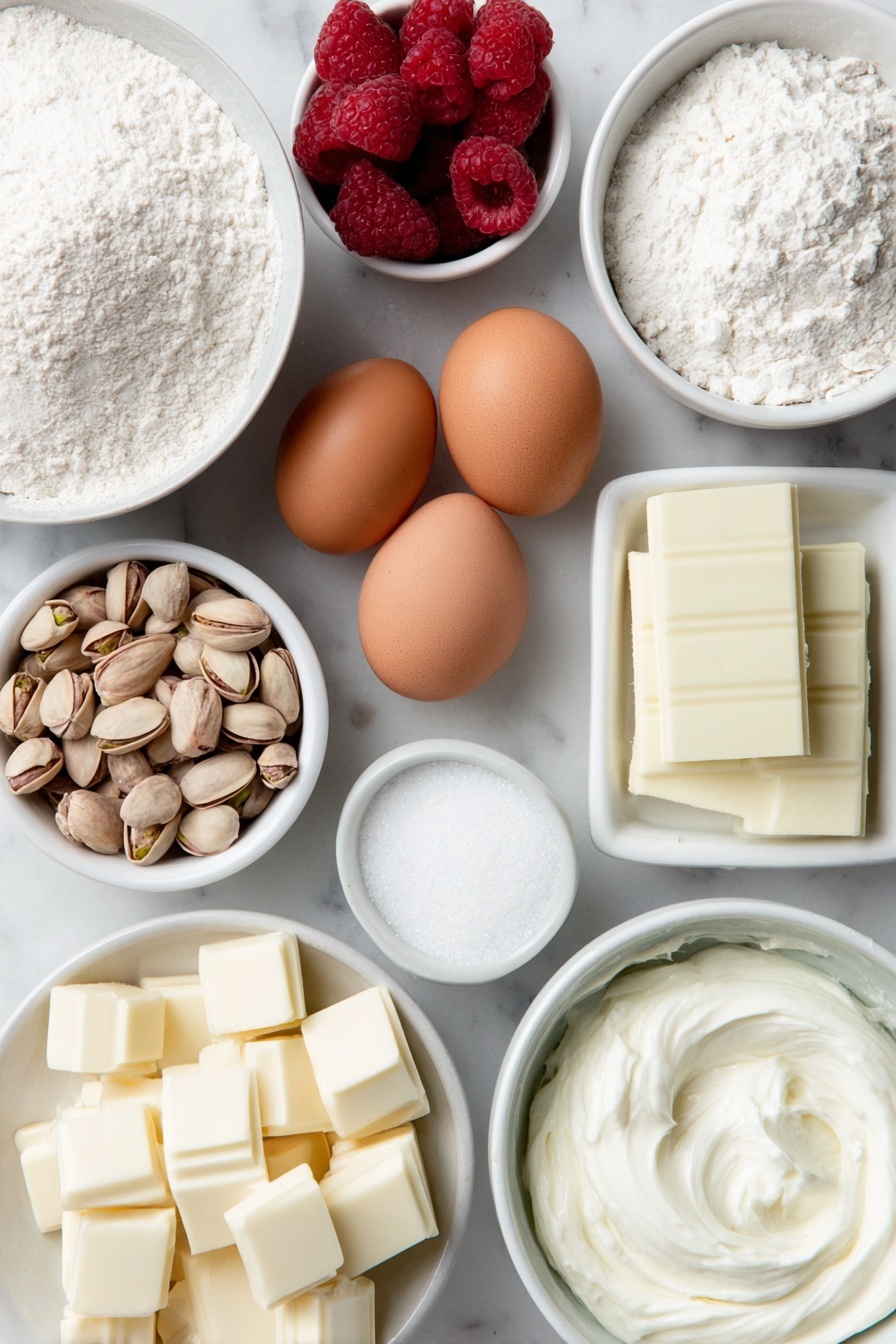 Flat lay of raw whole pistachios scattered beside a small pile of bright red fresh raspberries, four whole uncracked brown eggs with clean shells, a small white ceramic bowl filled with fine white self-raising flour, a small white ceramic bowl of granulated sugar crystals, a small white ceramic bowl with clear hot water, a small white ceramic bowl holding smooth softened unsalted butter, a block of white chocolate broken into chunks, a small white ceramic bowl of thick cream cheese, and a small white ceramic bowl filled with heavy cream, all arranged symmetrically and balanced, placed on a clean white marble surface, soft natural light, photo taken with an iPhone, professional food photography style, fresh ingredients, white ceramic bowls, no bottles, no duplicates, no utensils, no packaging --ar 2:3 --v 7 --p m7354615311229779997 - Christmas Raspberry Pistachio Roulade, festive roulade dessert, holiday raspberry pistachio cake, Christmas nutty sponge roll, easy holiday roulade