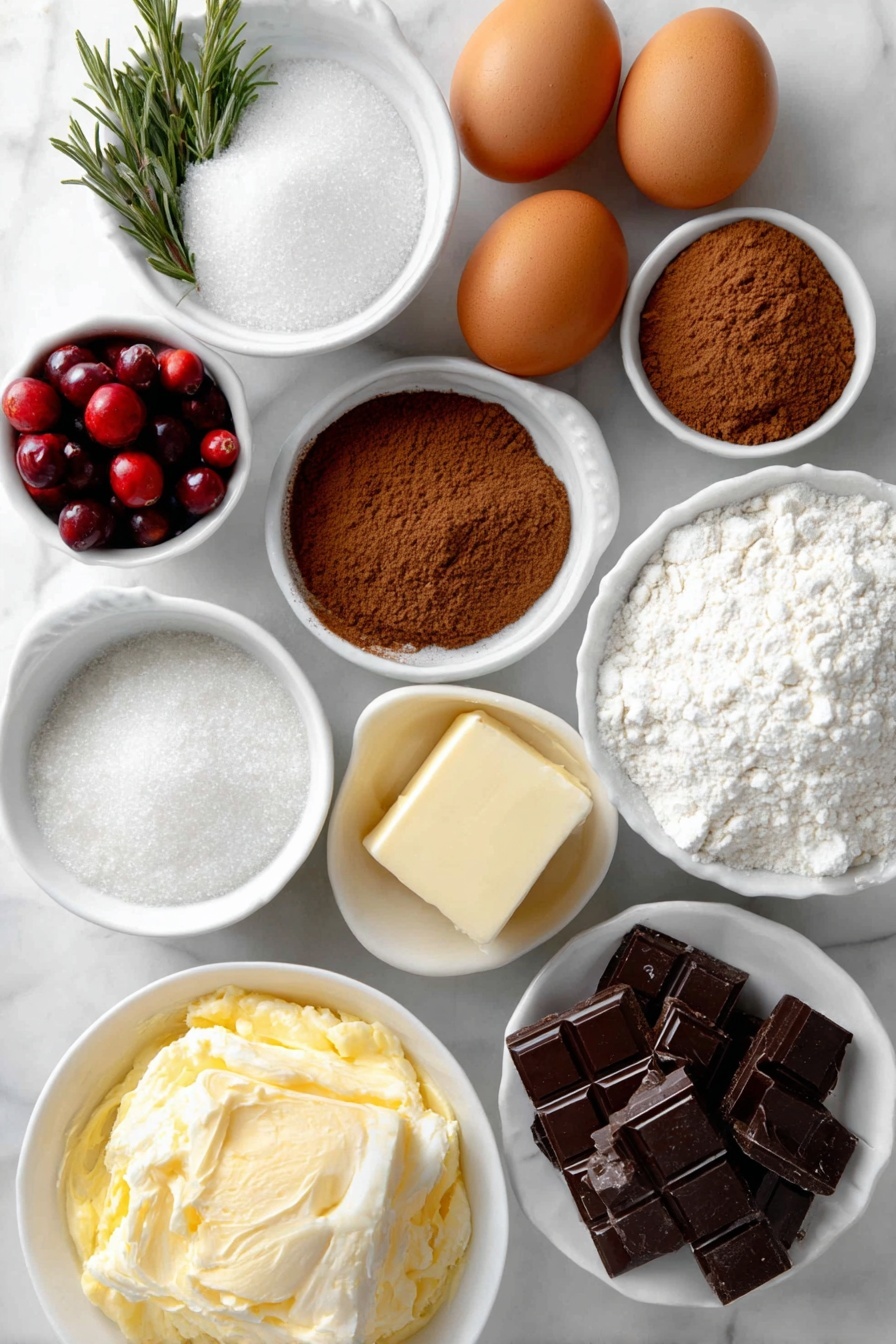 Flat lay of four whole uncracked brown eggs, a small white ceramic bowl of granulated sugar, a small white ceramic bowl of cake flour, a small white ceramic bowl of unsweetened cocoa powder, a small white ceramic bowl of baking powder, a small white ceramic bowl of espresso powder, a small white ceramic bowl of salt, a small white ceramic bowl with chopped bittersweet dark chocolate, a small white ceramic bowl with an unsalted butter pat, a small white ceramic bowl of pure vanilla extract, a small white ceramic bowl of heavy cream, a small white ceramic bowl of powdered sugar, fresh sprigs of rosemary, and fresh cranberries placed on a clean white marble surface, soft natural light, photo taken with an iPhone, professional food photography style, fresh ingredients, white ceramic bowls, no bottles, no duplicates, no utensils, no packaging --ar 2:3 --v 7 --p m7354615311229779997 - Chocolate Yule Log Cake, festive chocolate roulade, holiday dessert ideas, Christmas chocolate cake, elegant Yule Log recipes