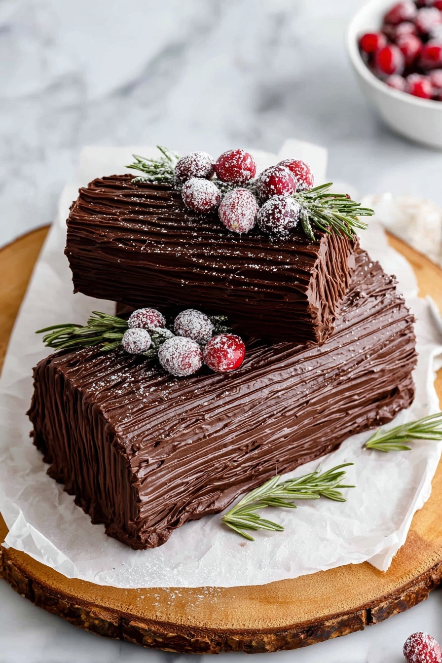The image shows a Yule log cake with two main parts joined together in a V shape on a white marbled surface. The outside of the cake is covered in thick dark brown chocolate with wavy lines to look like tree bark. Inside, you can see one layer of chocolate sponge cake rolled with white cream in a spiral. The top is decorated with bright red cranberries dusted with white powdered sugar and a few sprigs of green rosemary, adding color. The cake rests on a crumpled piece of white paper, which is on a round wooden board with bark edges. The background is blurry with large yellow and white light circles. Photo taken with an iphone --ar 2:3 --v 7 - Chocolate Yule Log Cake, festive chocolate roulade, holiday dessert ideas, Christmas chocolate cake, elegant Yule Log recipes