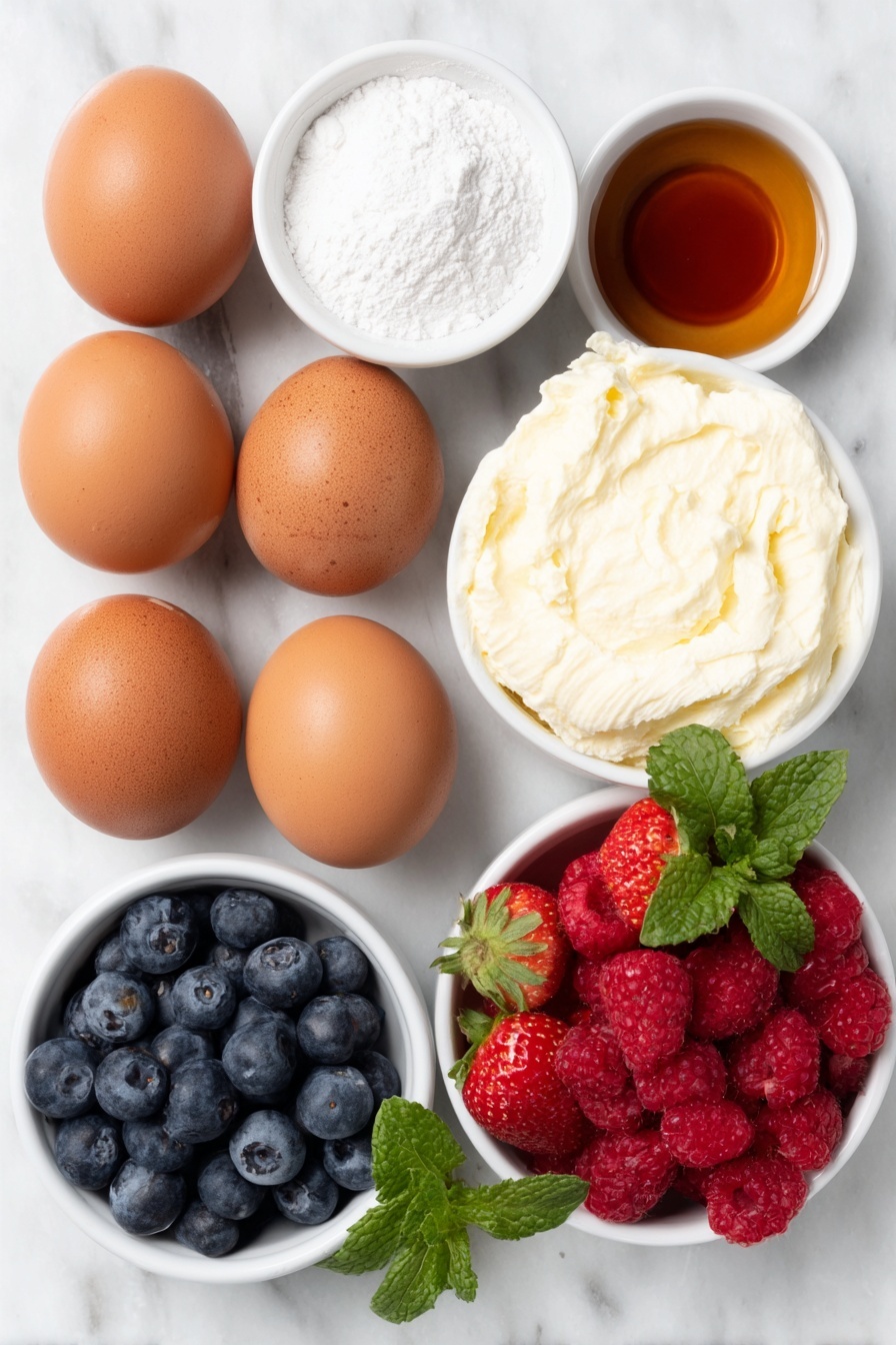 Flat lay of six extra-large whole brown eggs with clean shells, a small white ceramic bowl of sifted powdered sugar, a small white ceramic bowl of fine cornstarch powder, a small white ceramic bowl holding clear vanilla extract, a small white ceramic bowl of fresh heavy whipping cream, a few vibrant fresh mixed berries (strawberries, blueberries, raspberries), and a few bright green fresh mint sprigs arranged in perfect symmetry, all placed on a clean white marble surface, soft natural light, photo taken with an iPhone, professional food photography style, fresh ingredients, white ceramic bowls, no bottles, no duplicates, no utensils, no packaging --ar 2:3 --v 7 --p m7354615311229779997 - Pull-Apart Pavlova Wreath, Pavlova dessert with fresh fruit, festive pavlova centerpiece, easy pavlova recipe, shareable fruit dessert