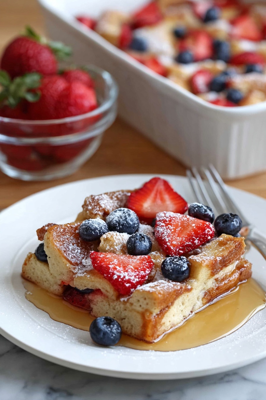 A white plate holds a single slice of a layered dessert with a soft, browned bread or pastry base topped with fresh strawberry slices and whole blueberries scattered evenly. The dessert is sprinkled with powdered sugar and has a shiny syrup drizzled over it, pooling slightly around the edges. Behind the plate, a white baking dish filled with the same dessert is visible, along with a glass bowl containing whole strawberries. The scene is set on a white marbled surface with a fork placed next to the plate. Photo taken with an iphone --ar 2:3 --v 7 - Berry French Toast Bake, easy berry breakfast casserole, make-ahead French toast bake, fruity baked French toast, weekend brunch recipes