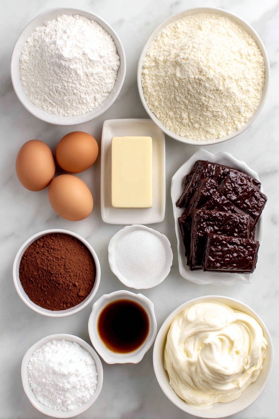 Flat lay of a small mound of fine powdered sugar, a neat pile of light almond flour, three whole clean-shelled brown eggs, a small heap of white granulated sugar, a tiny white ceramic bowl with clear vanilla extract, a small white bowl holding rich brown gel food coloring drops, a square of creamy salted butter, a white bowl filled with fluffy powdered sugar, a small bowl with pale heavy whipping cream, a small white bowl containing smooth cocoa powder, a small white bowl with meringue powder, and three small white bowls each with vivid royal icing in red, black, and brown colors, all arranged symmetrically on a clean white marble surface, soft natural light, photo taken with an iPhone, professional food photography style, fresh ingredients, white ceramic bowls, no bottles, no duplicates, no utensils, no packaging --ar 2:3 --v 7 --p m7354615311229779997 - Christmas Reindeer Macarons, festive holiday macarons, holiday dessert ideas, reindeer-themed treats, easy Christmas macarons