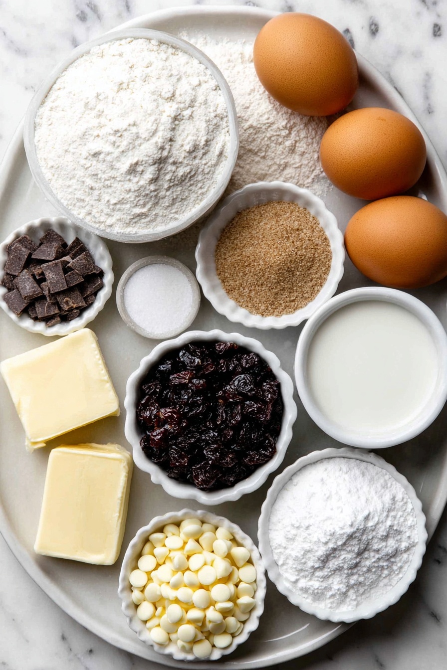 Flat lay of a small mound of white all-purpose flour, a small mound of whole wheat flour, a tiny heap of baking soda, a tiny heap of baking powder, a small pile of kosher salt, a half stick of unsalted sweet cream butter, a small bowl of white granulated sugar, two whole uncracked brown eggs, a small white bowl of pure vanilla extract, a small white bowl of buttermilk, a small white bowl of dried cranberries, a small white bowl of white chocolate chips, a small white bowl of powdered sugar, a small white bowl of milk, and a small white bowl of chopped dried cranberries arranged symmetrically on a simple white ceramic plate placed on a clean white marble surface, soft natural light, photo taken with an iPhone, professional food photography style, fresh ingredients, white ceramic bowls, no bottles, no duplicates, no utensils, no packaging --ar 2:3 --v 7 --p m7354615311229779997 - Cranberry Bliss Bread with White Chocolate, cranberry bread recipes, holiday bread ideas, white chocolate bread, tart cranberry quick bread