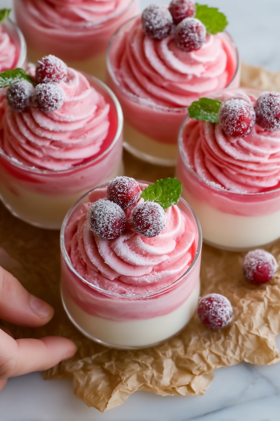 Four clear glass cups filled with three visible layers: the bottom layer is creamy white, the middle layer is pink with a smooth texture, and the top layer is bright pink whipped cream swirled into peaks. Each cup is decorated with three fresh red cranberries dusted with white powdered sugar and two small green mint leaves. The cups sit on crumpled brown parchment paper on a white marbled surface. A woman's hand is gently holding one of the cups from the side. Photo taken with an iphone --ar 2:3 --v 7 - Festive Cranberry Mousse Cups, cranberry mousse dessert, holiday cranberry treat, easy cranberry mousse, elegant holiday desserts