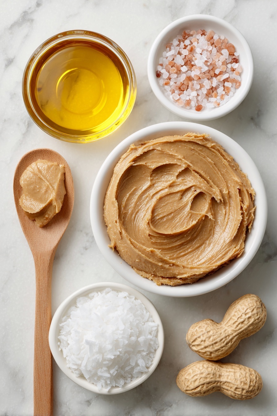 Flat lay of a smooth wooden spoonful of natural peanut butter, a small white bowl filled with golden maple syrup, a small white bowl of white cane sugar crystals, a few golden coconut oil chunks glistening softly, and a small white bowl containing coarse pink sea salt crystals, all arranged in perfect symmetry with balanced spacing, placed on a clean white marble surface, soft natural light, photo taken with an iPhone, professional food photography style, fresh ingredients, white ceramic bowls, no bottles, no duplicates, no utensils, no packaging --ar 2:3 --v 7 --p m7354615311229779997 - Dairy-Free Peanut Butter Fudge, dairy-free peanut butter fudge recipe, easy dairy-free fudge, vegan peanut butter fudge, no-bake chocolate peanut butter fudge