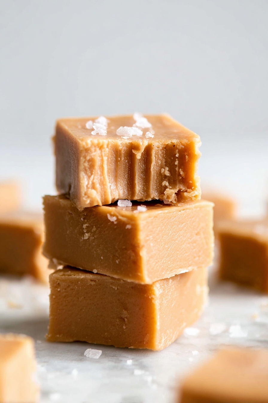This image shows a stack of three square fudge pieces on a white marbled surface. The fudge has a smooth, creamy texture with a warm light brown color. The top piece has a bite taken from the front right corner, showing a soft inside with a slightly grainy look. Some coarse salt flakes are sprinkled on the top layer, adding small bright white spots. In the background, blurry pieces of more fudge are scattered around. The overall focus is sharp on the stacked fudge with a plain, soft white backdrop. Photo taken with an iphone --ar 2:3 --v 7 - Dairy-Free Peanut Butter Fudge, dairy-free peanut butter fudge recipe, easy dairy-free fudge, vegan peanut butter fudge, no-bake chocolate peanut butter fudge
