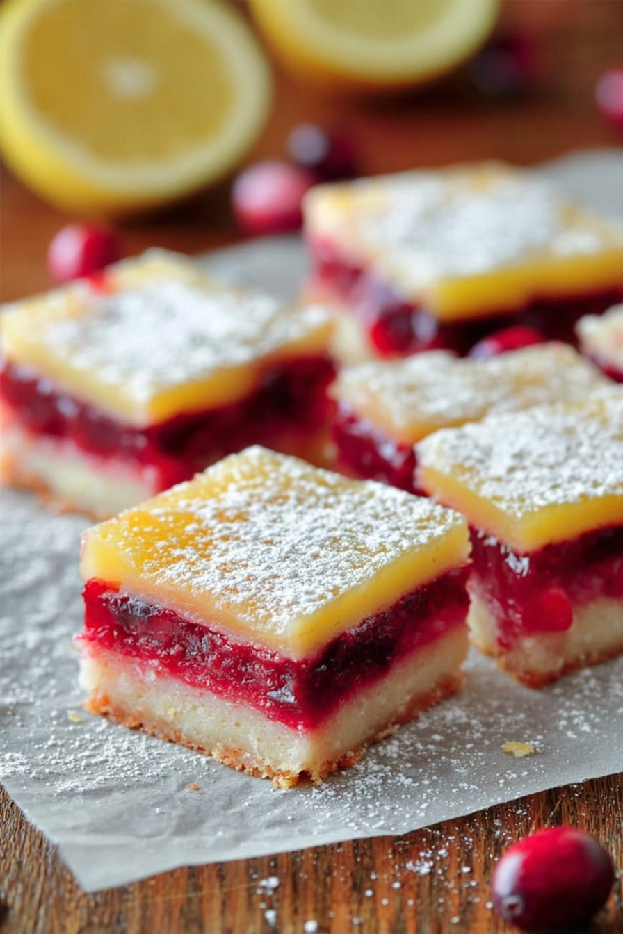 The image shows square lemon cranberry bars arranged on parchment paper on a wooden surface, with some whole cranberries and a halved lemon in the background. Each bar has three layers: a light beige base layer that looks firm and crumbly, a middle bright red cranberry layer that appears juicy and slightly thick, and a top pale yellow lemon layer that looks smooth and glossy. The top of each bar is dusted with a fine layer of white powdered sugar, giving a soft, powdery texture. The bars are cut evenly into squares, showing clear, distinct layers. Photo taken with an iphone --ar 2:3 --v 7 - Cranberry Lemon Bars, easy cranberry lemon bars, tangy dessert recipes, fresh cranberry lemon dessert, shortbread lemon bars