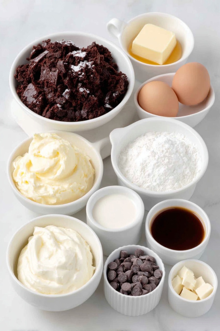 Flat lay of crushed dark chocolate cookies in a small white ceramic bowl, melted golden butter in a small white bowl, a small white bowl with glossy semi-sweet chocolate chips, a small white bowl of thick heavy cream, a small white bowl with smooth mascarpone cheese, a small white bowl holding cold heavy cream, a small white bowl filled with fine powdered sugar, a few whole uncracked brown eggs, a small white bowl of dark rich brewed espresso, a small white bowl of coffee liqueur with deep amber color, a small white bowl of fine unsweetened cocoa powder, scattered dark chocolate shavings and mini chocolate chips placed neatly beside the bowls, all arranged with perfect symmetry, natural fresh look, no packaging or utensils, placed on a clean white marble surface, soft natural light, photo taken with an iPhone, professional food photography style, fresh ingredients, white ceramic bowls, no bottles, no duplicates, no utensils, no packaging --ar 2:3 --v 7 --p m7354615311229779997 - Tiramisu Cookie Cups, Italian dessert bites, coffee chocolate cookie cups, mascarpone dessert, no-bake tiramisu treats