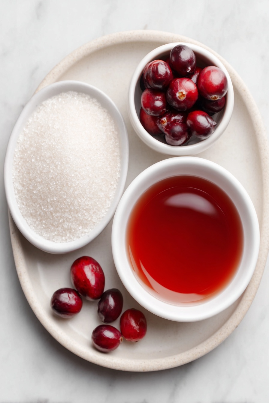 Flat lay of a small white ceramic bowl filled with bright red cranberry juice, a neat pile of fine white powdered gelatin flakes, a small white ceramic bowl with granulated white sugar crystals, a few whole fresh cranberries scattered naturally, all arranged symmetrically on a clean white ceramic plate, placed on a clean white marble surface, soft natural light, photo taken with an iPhone, professional food photography style, fresh ingredients, white ceramic bowls, no bottles, no duplicates, no utensils, no packaging --ar 2:3 --v 7 --p m7354615311229779997 - Cranberry Jelly Candy, homemade cranberry candies, tart cranberry treats, holiday candy ideas, chewy cranberry sweets