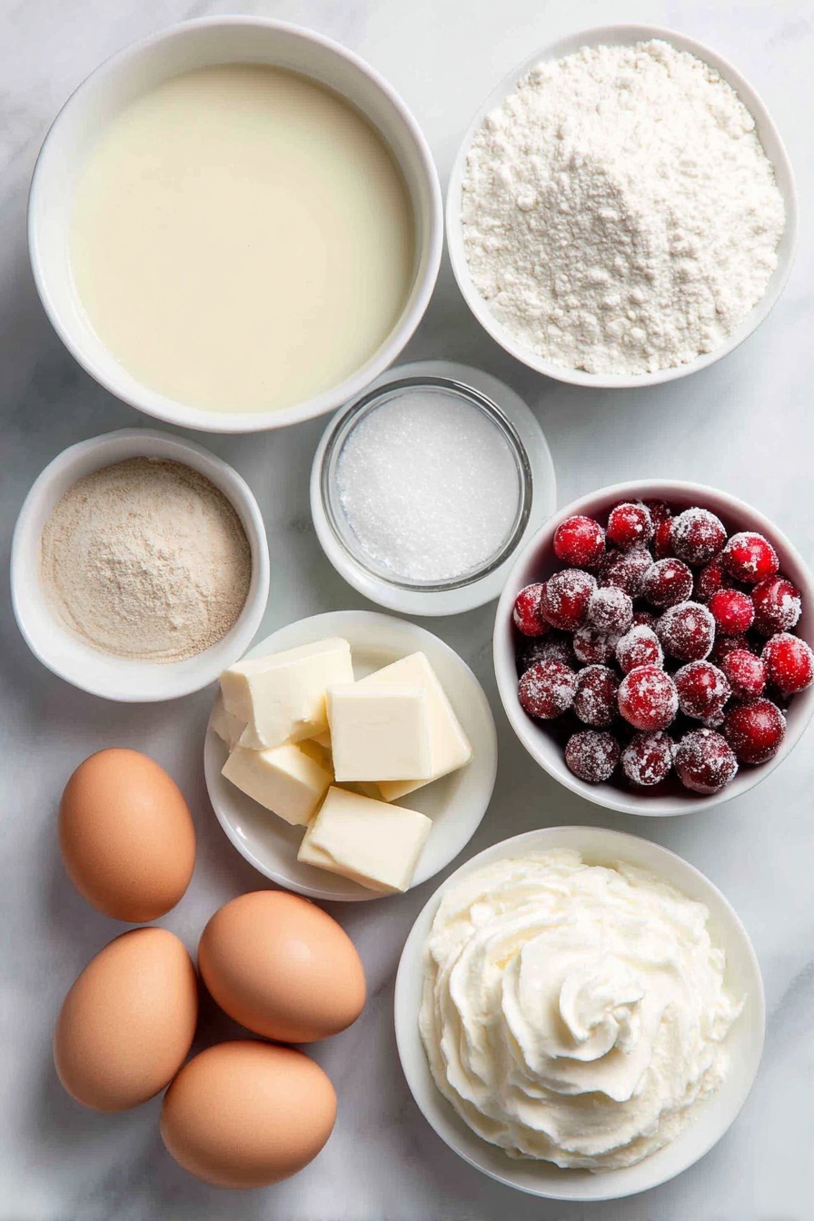 Flat lay of a small white ceramic bowl filled with creamy pale yellow eggnog, a small white bowl of thick heavy whipping cream, a few tablespoons of granulated sugar neatly heaped in a small white bowl, a small white bowl containing fine white cornstarch powder, a pinch of salt in a tiny white dish, a small white bowl with ground nutmeg, four large whole eggs with smooth brown shells arranged perfectly, a few small pieces of unsalted butter in a small white bowl, a small white bowl filled with clear rum extract, a dollop of fresh whipped cream on a white ceramic plate, a small pile of grated whole nutmeg on a small white bowl, and a cluster of fresh sugared cranberries arranged in a small white bowl—all ingredients fresh and natural, perfectly balanced and symmetrical, placed on a clean white marble surface, soft natural light, photo taken with an iPhone, professional food photography style, fresh ingredients, white ceramic bowls, no bottles, no duplicates, no utensils, no packaging --ar 2:3 --v 7 --p m7354615311229779997 - Eggnog Pudding Christmas Dessert Holiday Treat Festive Eggnog Pudding Recipe with Whipped Cream