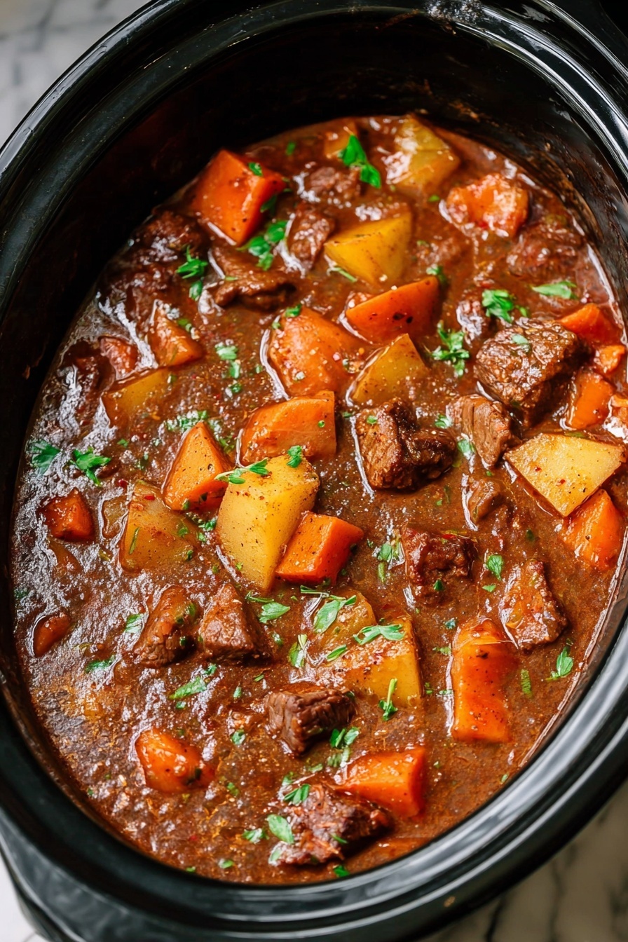 A close-up view of a rich stew inside a black slow cooker shows layers of chunky textures and colors. The thick brown sauce fills the pot, covering large pieces of orange carrots, light yellow potatoes, and soft green celery. Dark brown meat chunks are scattered throughout, some partially submerged and some visible on top. Small green herbs are sprinkled across the stew’s surface, adding a fresh touch. The gloss of the sauce reflects light, giving it a moist and hearty look. The slow cooker sits on a white marbled surface. photo taken with an iphone --ar 2:3 --v 7 - Slow Cooker Venison Stew, venison stew recipe, hearty game meat stew, easy venison slow cooker, wild game stew recipe