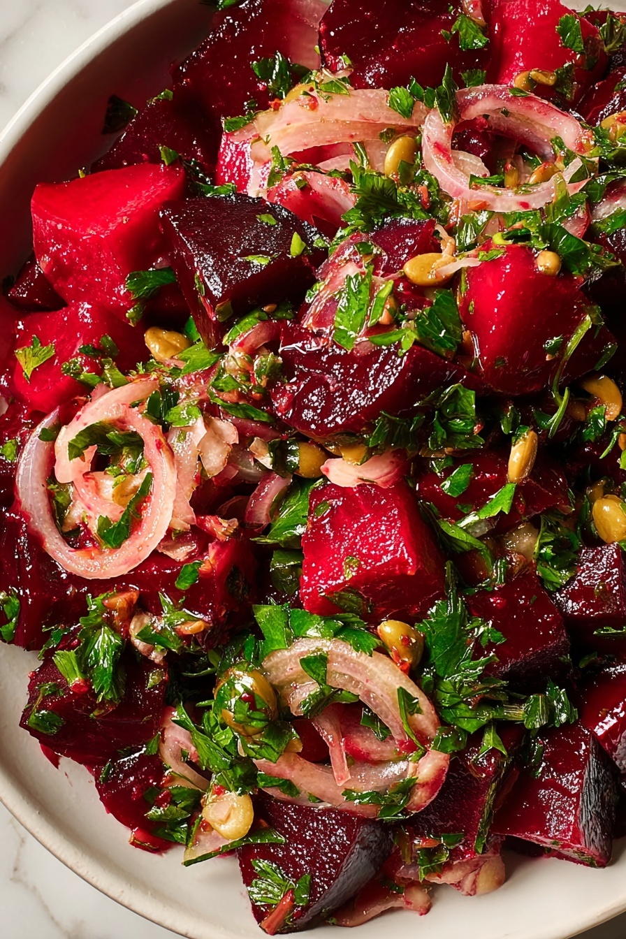 A close-up view of a salad in a white bowl placed on a white marbled surface, showing three main layers: deep red, glossy cubes of beetroot scattered all over, thin, curved slices of pale pink pickled onions intermixed throughout, and bright green chopped parsley leaves finely spread for freshness. The ingredients are coated in a light, shiny dressing that adds a slight glisten to the pieces, with some small beige olive slices sparsely visible. The mix looks fresh, moist, and colorful with a mix of smooth beetroot, soft onion curls, and crisp herb textures. Photo taken with an iphone --ar 2:3 --v 7 - Pickled Beet Salad with Herbs, Beet Salad recipe, healthy beet salad, vibrant vegetable salad, easy pickled beet dish