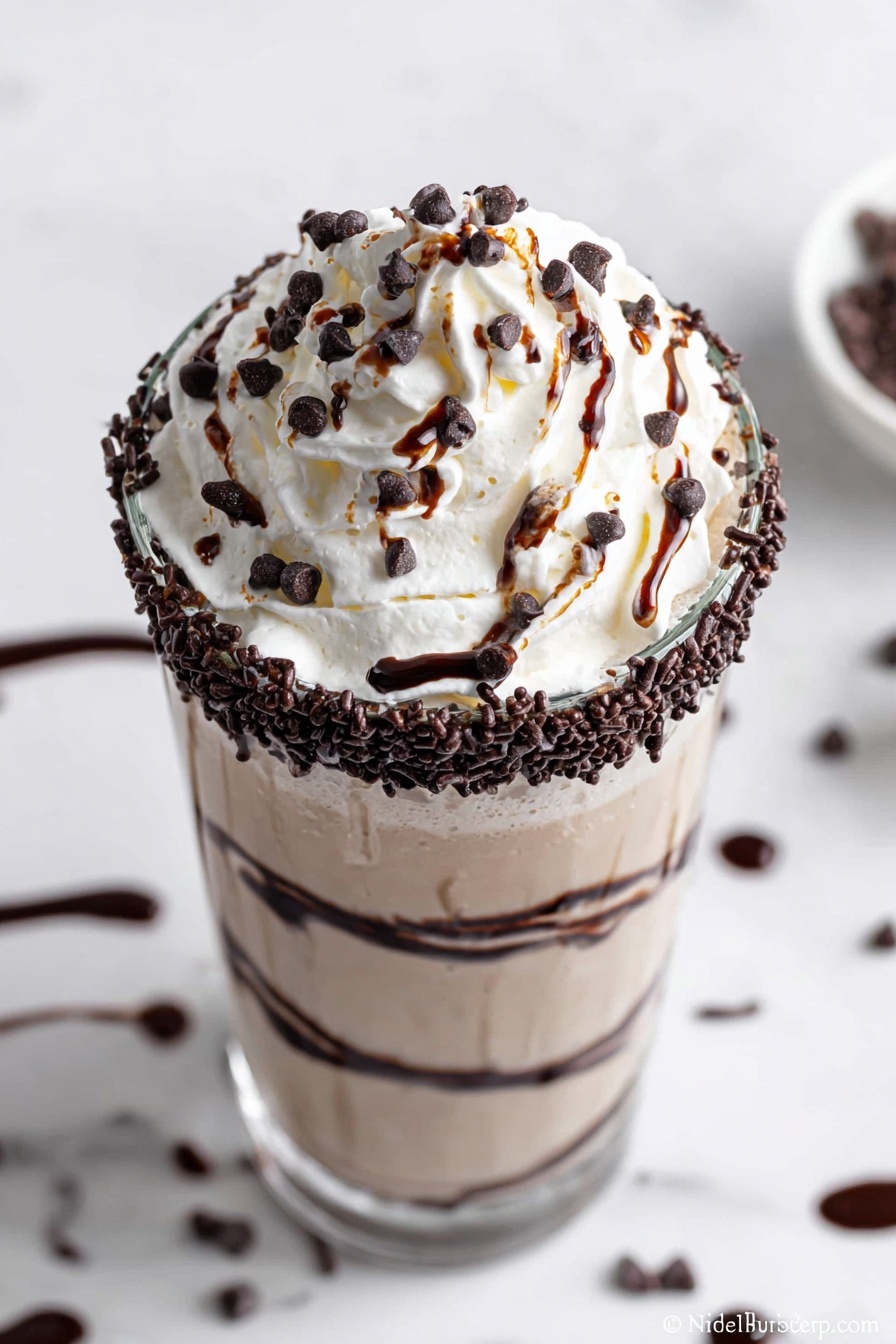 A tall clear glass filled with a creamy light brown milkshake, topped with a thick swirl of white whipped cream. The whipped cream is decorated with dark chocolate chips, small chocolate sprinkles, and a drizzle of dark chocolate sauce. The rim of the glass is covered with more chocolate sprinkles, making a textured dark ring. There are scattered chocolate bits and drizzles of chocolate sauce on a white marbled surface around the glass. Photo taken with an iphone --ar 2:3 --v 7 - Chocolate Hot Chocolate Cocktail, decadent hot chocolate drinks, spiked hot chocolate recipes, boozy chocolate cocktails, festive chocolate beverages