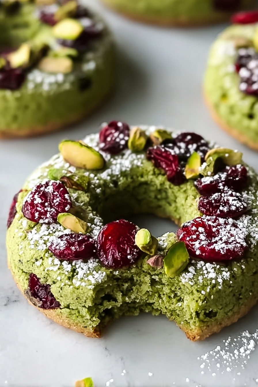 The image shows a close-up of green ring-shaped cookies placed on a white marbled surface. Each cookie has roughly two layers—the base is light brown and thin, while the top thick layer is bright green with a rough texture. This green layer is decorated with large pieces of red dried cranberries and green pistachio nuts scattered unevenly on top. A light dusting of white powdered sugar covers part of the cookie's surface. One cookie in the front has a small bite taken out, showing the crunchy texture inside. Photo taken with an iphone --ar 2:3 --v 7 - Pistachio Cranberry Wreath Cookies, holiday festive cookies, easy holiday cookie recipes, buttery cookies with cranberries and pistachios, Christmas wreath cookies