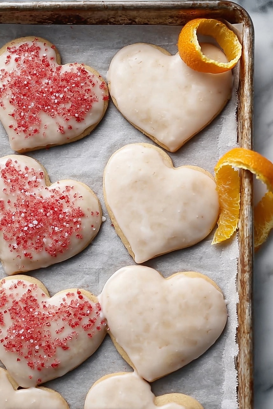 A metal rectangular tray holds several cookies with two main shapes: hearts and stars. Each cookie has a golden-brown base, with most covered in a thin white icing that has a slightly rough texture and some pinkish specks. One heart-shaped cookie is plain without icing, showing its smooth, golden top with a bite taken out of it. The faces of the cookies are slightly shiny, and the edges are rounded. The tray sits on a white marbled surface. photo taken with an iphone --ar 2:3 --v 7 - Lebkuchen Cookies with Spiced Glaze, holiday gingerbread cookies, spiced Christmas cookies, easy Lebkuchen recipe, festive holiday treats