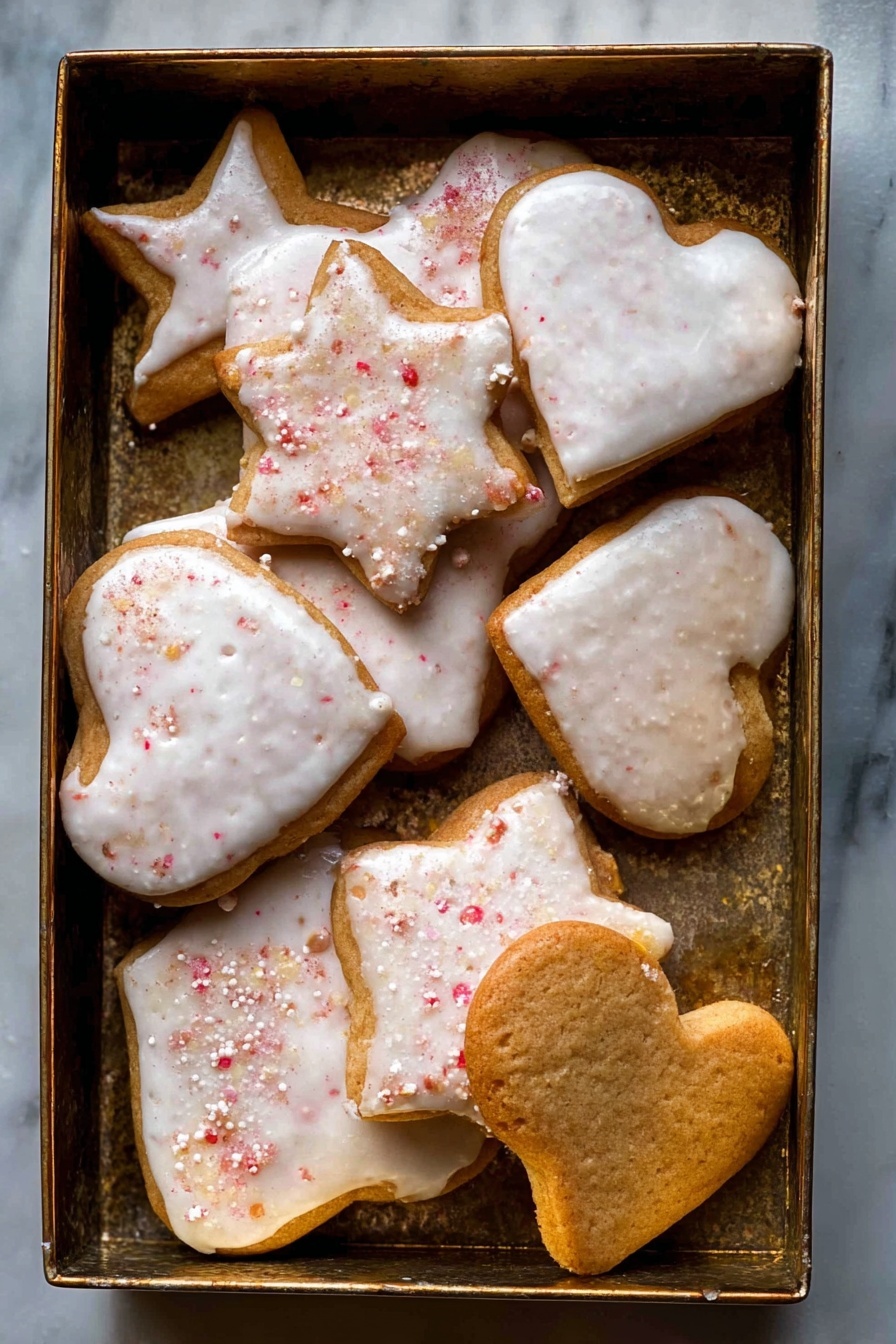 The image shows a baking tray lined with light gray parchment paper holding nine heart-shaped cookies. Each cookie is covered with a smooth, white icing layer that has a slightly shiny texture. Two cookies in the lower left corner have red sugar crystals sprinkled on top of the icing, adding a rough red texture. The cookies are arranged neatly with some touching each other. In the upper right corner of the tray, there is a curled orange peel, bright orange in color and textured. The entire scene rests on a white marbled surface. photo taken with an iphone --ar 2:3 --v 7 - Lebkuchen Cookies with Spiced Glaze, holiday gingerbread cookies, spiced Christmas cookies, easy Lebkuchen recipe, festive holiday treats