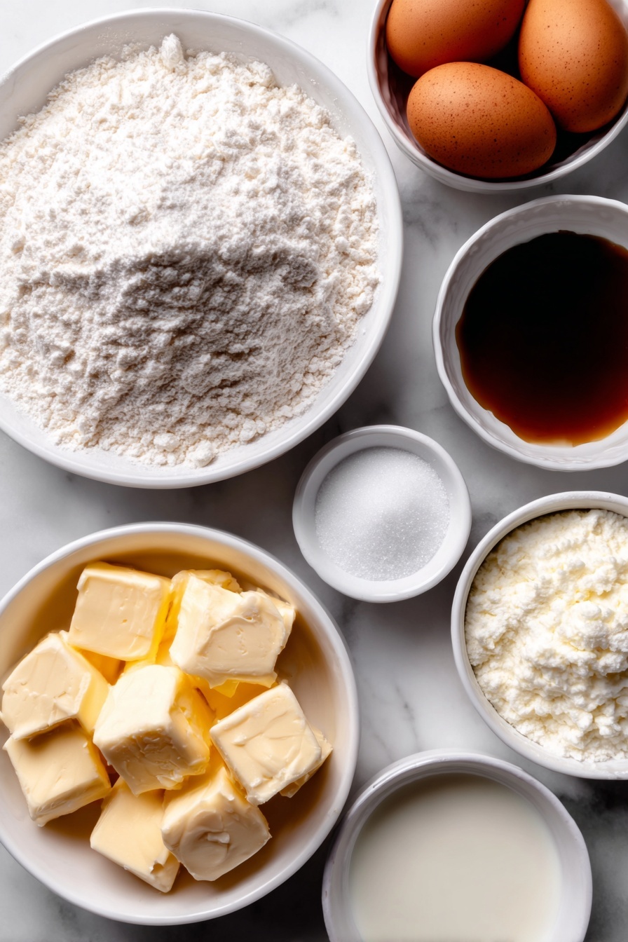 Flat lay of a small mound of all-purpose flour, a white ceramic bowl with baking powder and salt, a few cubes of soft salted butter, a white ceramic bowl filled with granulated sugar, two brown whole eggs with clean shells, a small white bowl containing vanilla extract, a small white bowl with almond extract, a white ceramic bowl holding sifted powdered sugar, another small white bowl with milk, a small white bowl of light corn syrup, placed on a clean white marble surface, soft natural light, photo taken with an iPhone, professional food photography style, fresh ingredients, white ceramic bowls, no bottles, no duplicates, no utensils, no packaging --ar 2:3 --v 7 --p m7354615311229779997 - Soft Cutout Sugar Cookies, perfect sugar cookies, easy sugar cookie recipe, tender sugar cookies, how to make cutout cookies