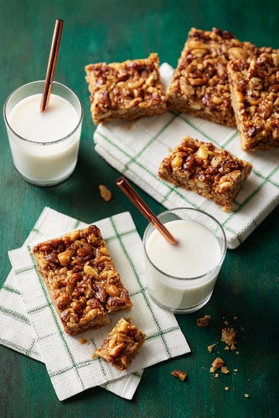 The image shows four square nut bars with a rough textured top full of mixed nuts in brown shades, placed on white napkins with green stripes, on a dark green surface. Two bars are whole, one is laid flat showing its toasted nut topping and dense interior, while another is broken in pieces revealing a lighter golden-brown inside with nut chunks. Two clear round glasses filled with white milk each have a copper straw. Some crumbs are scattered around the bars. Photo taken with an iphone --ar 2:3 --v 7 - Chocolate Toffee Pecan Bread Pudding Bars, bread pudding bars with toffee and pecans, easy dessert recipes, rich chocolate pecan bars, crowd-pleasing bread pudding dessert