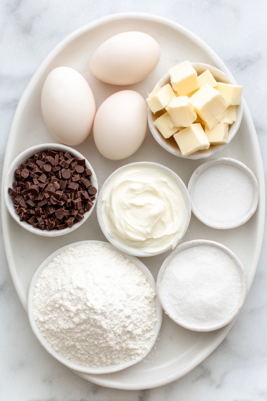 Flat lay of five large whole eggs with clean shells, a small mound of chopped semisweet chocolate, several cubes of creamy butter, a small white bowl of fine white granulated sugar, a small white bowl containing cream of tartar powder, another small white bowl with confectioners' sugar, placed neatly on a simple white ceramic plate and bowls, arranged in perfect symmetry on a clean white marble surface, soft natural light, photo taken with an iPhone, professional food photography style, fresh ingredients, white ceramic bowls, no bottles, no duplicates, no utensils, no packaging --ar 2:3 --v 7 --p m7354615311229779997 - Flourless Chocolate Torte, gluten-free chocolate dessert, decadent chocolate torte, easy chocolate cake, rich flourless chocolate cake