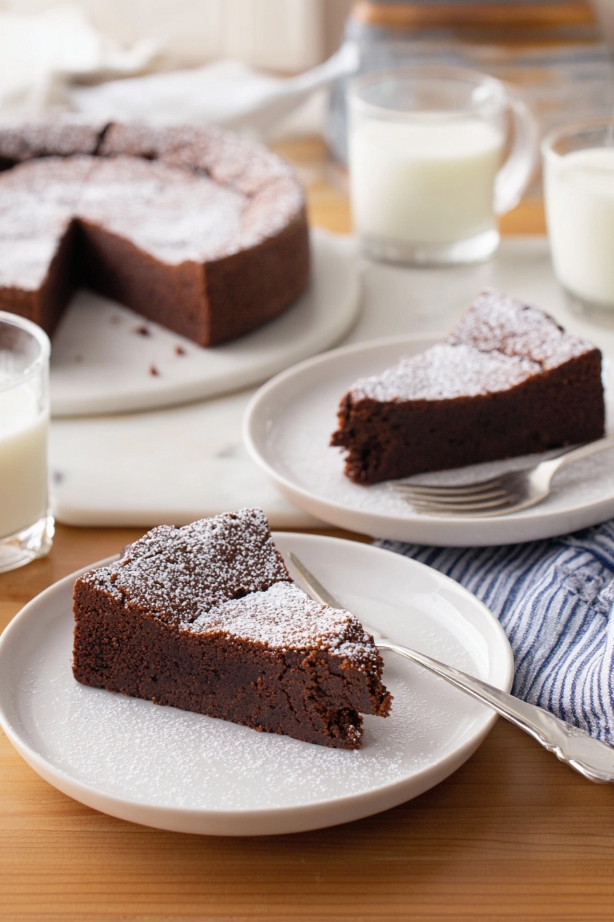 Two slices of chocolate cake are placed on white plates on a wooden table. Each slice has one layer, dark brown in color and dense in texture, with a light dusting of powdered sugar on top. Both plates have a silver fork resting beside the cake slice. In the background, there is a whole cake on a white plate, with one slice missing, and two glasses of milk. The scene is light and warm with a white marbled texture visible near the edges. photo taken with an iphone --ar 2:3 --v 7 - Flourless Chocolate Torte, gluten-free chocolate dessert, decadent chocolate torte, easy chocolate cake, rich flourless chocolate cake