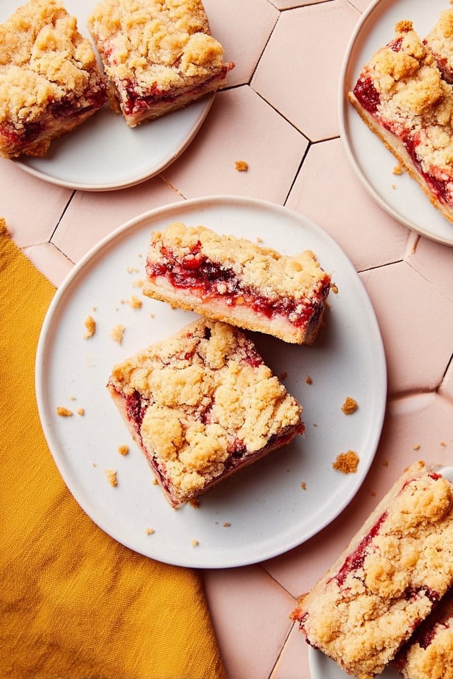 The image shows a white round plate on a soft pink hexagonal-tiled table with two pieces of fruit crumble bars: a square piece with a golden crumbly top and visible layers of red fruit filling beneath, and a long rectangular bar with a similar golden crumbly top and red fruit layer in the middle. Surrounding the central plate are three other white round plates with similar bars arranged on them, displaying the soft crumb texture and rich red fruit inside. The background features a mustard yellow cloth on the pink tiled surface, creating a warm and inviting setting. The light highlights the crumbly texture and the slight shine of the fruit filling, making the bars look fresh and tasty. photo taken with an iphone --ar 2:3 --v 7 - Raspberry Coconut Bars, raspberry coconut dessert, tropical fruit bars, easy raspberry coconut treat, coconut fruit bars