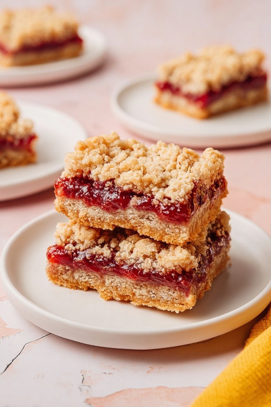 The image shows two layered oat bars stacked on a white round plate, placed on a soft pink surface with a white marbled texture. Each bar has three layers: the bottom and top layers are golden brown, crumbly oat crust with rough texture, while the middle layer is a thick, bright red jam filling that looks smooth and slightly shiny. Around the main plate, there are two other white plates with single oat bars on the same pink and white marbled surface, and a yellow cloth is partially visible in the bottom right corner. The lighting is soft, highlighting the crumbly details of the oat bars. photo taken with an iphone --ar 2:3 --v 7 - Raspberry Coconut Bars, raspberry coconut dessert, tropical fruit bars, easy raspberry coconut treat, coconut fruit bars