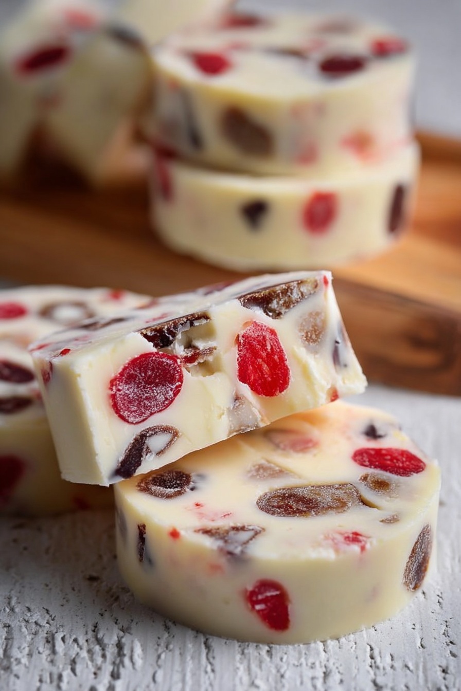The image shows several round slices of a white creamy dessert with embedded chunks of dark brown and bright red pieces, scattered irregularly inside each slice. The slices have a smooth texture and are thick, stacked slightly on each other on a white textured surface. The background is blurred but suggests more slices stacked on a wooden board. The overall look is soft with contrasting dark and bright bits inside the pale main body. photo taken with an iphone --ar 2:3 --v 7 - Maraschino Cherry Shortbread Cookies, cherry shortbread cookies, easy shortbread cookie recipe, festive holiday cookies, buttery cherry cookies