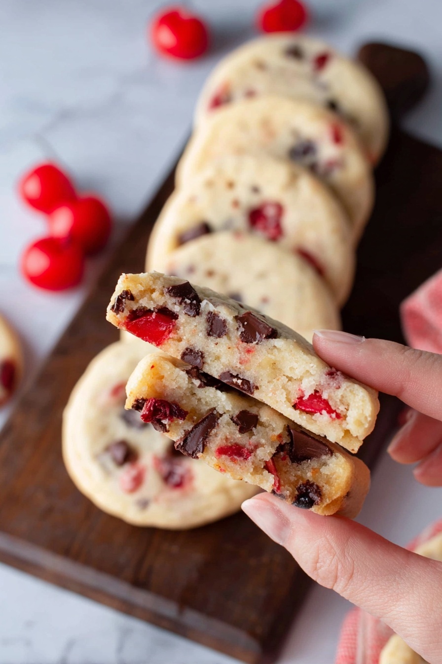 A woman's hand holds a cookie broken in half, showing a soft, pale beige inside with bright red cherry pieces and dark brown chocolate chunks spread throughout. Behind, a row of six whole round cookies with similar colors and textures is arranged on a dark wooden board on top of a white marbled surface. Bright red cherries are placed near the cookies in the background. The cookie surface looks smooth with bits of cherry and chocolate visible. Photo taken with an iphone --ar 2:3 --v 7 - Maraschino Cherry Shortbread Cookies, cherry shortbread cookies, easy shortbread cookie recipe, festive holiday cookies, buttery cherry cookies