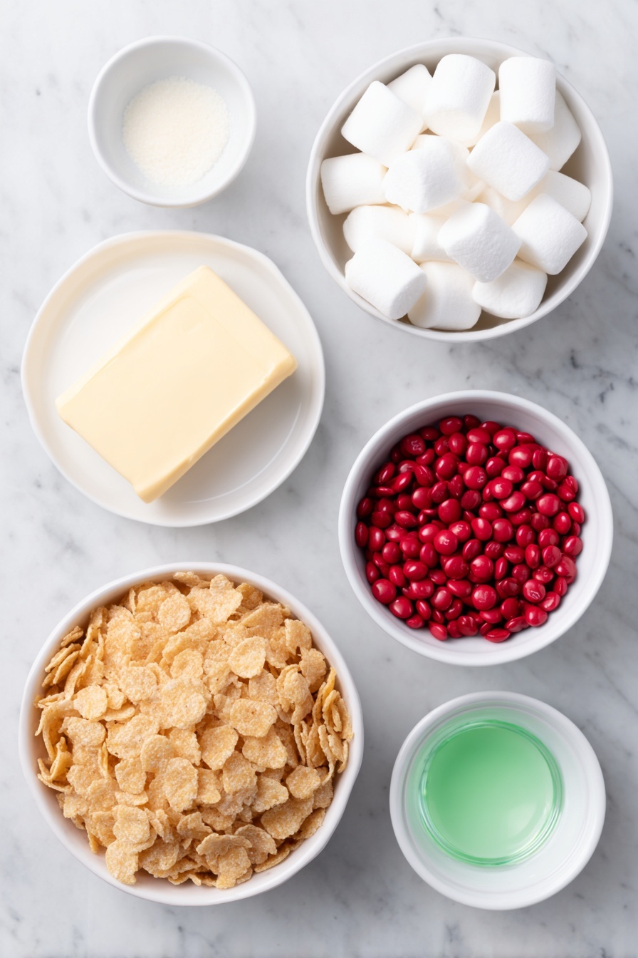 Flat lay of a stick of butter with a smooth pale yellow surface, a small pile of large white marshmallows, a small white bowl filled with vibrant green gel food coloring, a small white bowl containing clear vanilla extract, a simple white ceramic bowl overflowing with golden cornflakes, and a neat small white bowl holding bright red candy-coated chocolates, all arranged symmetrically on a clean white marble surface, soft natural light, photo taken with an iPhone, professional food photography style, fresh ingredients, white ceramic bowls, no bottles, no duplicates, no utensils, no packaging --ar 2:3 --v 7 --p m7354615311229779997 - Festive Green Marshmallow Wreath Cookies, holiday wreath cookies, marshmallow cornflake cookies, Christmas cookie recipes, easy holiday treats