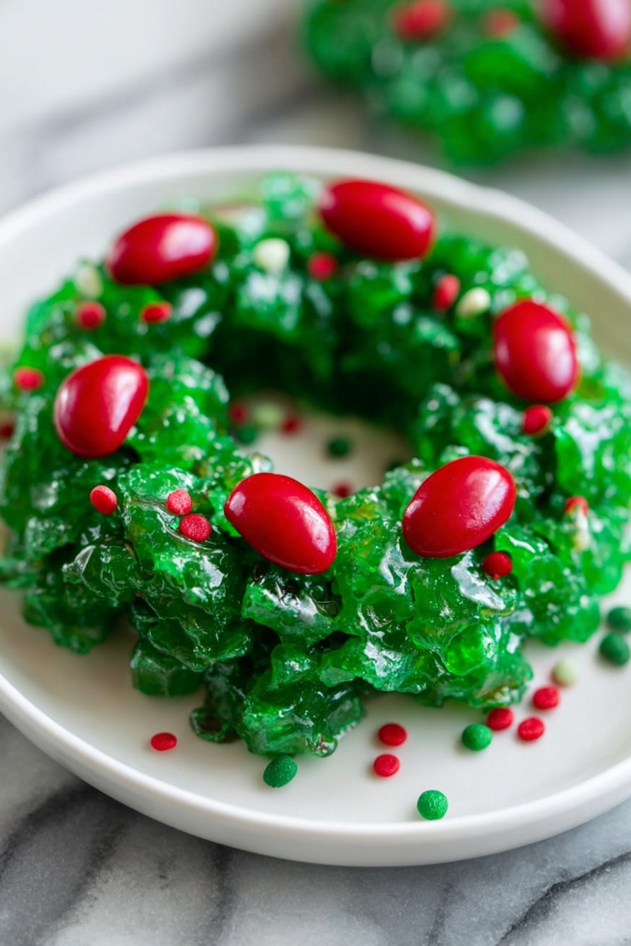 The image shows a small wreath-shaped dessert made of bright green, shiny, sticky pieces tightly packed together. The wreath has a rough and bumpy texture from the uneven pieces stacked to form a complete ring. Scattered on top and around the wreath are smooth, glossy, red candy-like ovals and small sprinkles in red and green, adding spots of color against the green base. The dessert sits on a white plate placed on a white marbled surface. photo taken with an iphone --ar 2:3 --v 7 - Festive Green Marshmallow Wreath Cookies, holiday wreath cookies, marshmallow cornflake cookies, Christmas cookie recipes, easy holiday treats