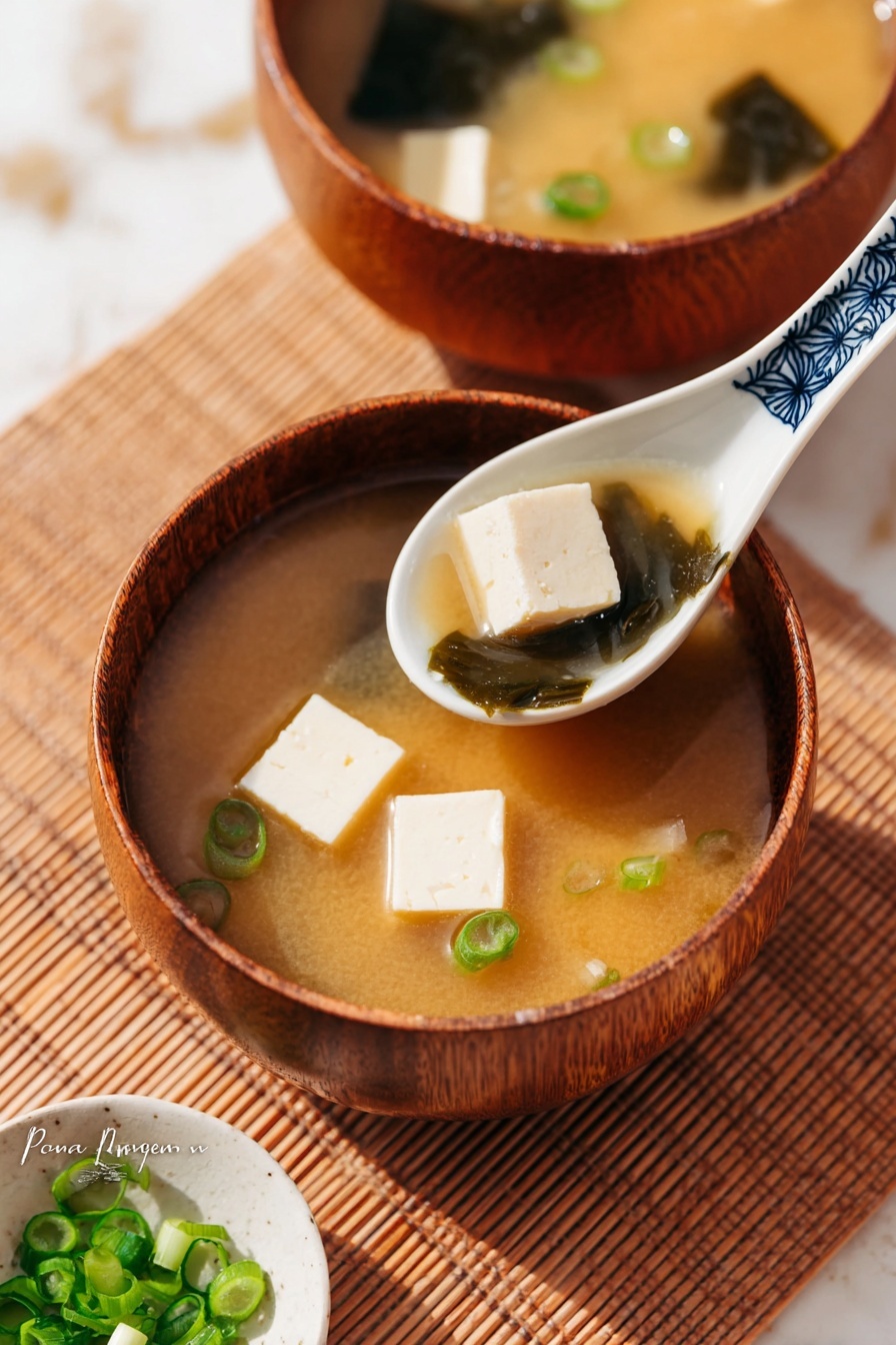 A close-up view of two wooden bowls filled with light brown miso soup. The bowl in the front has three pieces of soft, white tofu floating in the soup along with some small green onion slices and a piece of dark green seaweed. Above this bowl, a white ceramic spoon with a blue rim holds a cube of tofu, some green onions, and a piece of seaweed, all covered in the light brown soup. The background shows the second wooden bowl with tofu cubes and green onions, placed on a light brown textured mat, with a small white dish containing chopped green onions visible at the bottom left corner. The photo is taken on a white marbled surface. Photo taken with an iphone --ar 2:3 --v 7 - Easy Gluten-Free Miso Soup, gluten-free miso soup, quick healthy miso soup, authentic miso soup, simple gluten-free soup