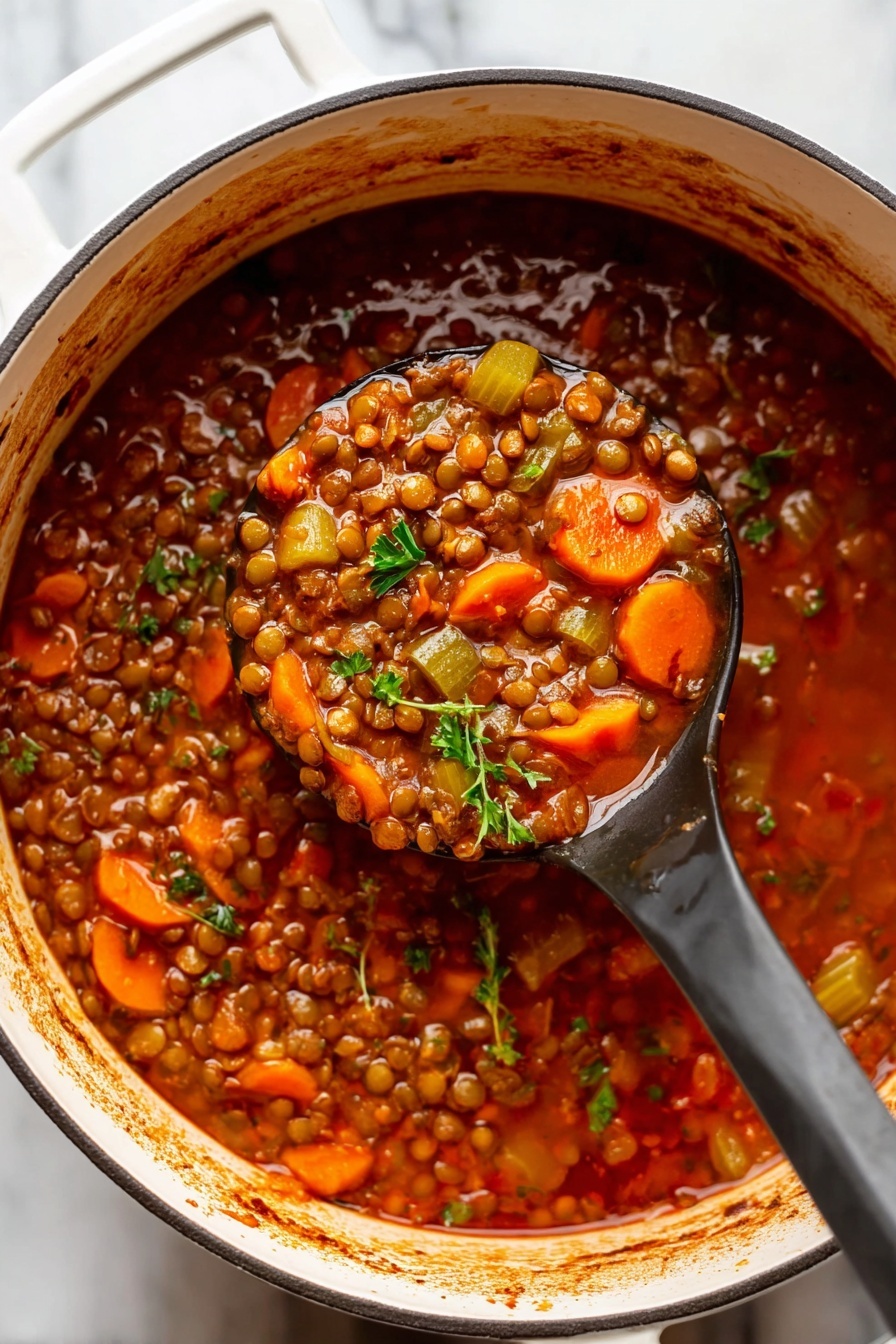 A white pot filled with a thick, rich lentil soup, showing a mix of small brown lentils, orange carrot slices, and green celery pieces immersed in a reddish-brown broth. A black ladle scoops a portion of the soup, highlighting the vibrant colors of the carrots and lentils. Small sprigs of green parsley float on top, adding a fresh touch. The pot rests on a white marbled surface, with some reddish splashes of soup visible on the inner rim of the pot. photo taken with an iphone --ar 2:3 --v 7 - Healthy Lentil Soup, Lentil Soup Recipe, Easy Lentil Soup, Nutritious Lentil Soup, Warm Comforting Lentil Soup