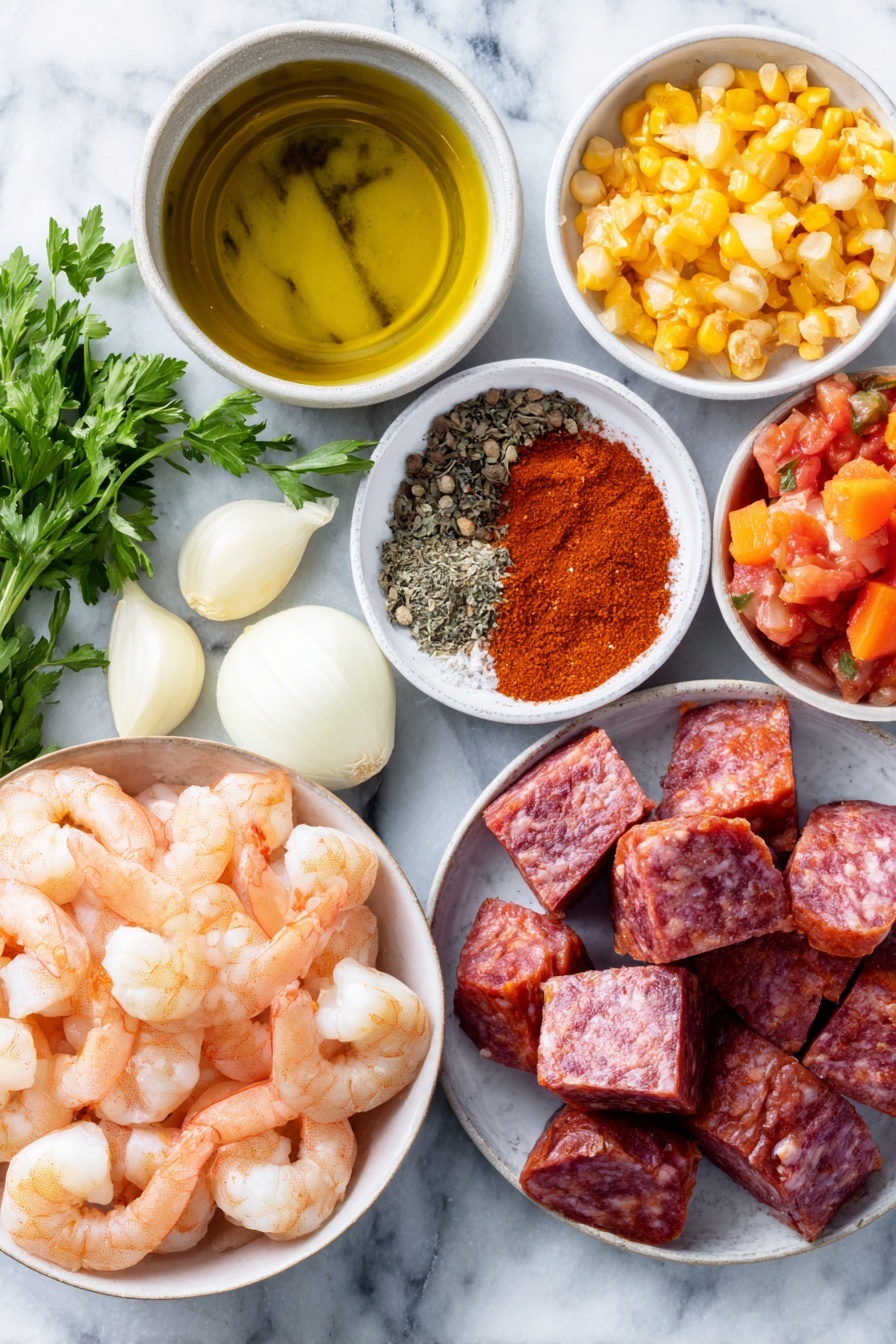 Flat lay of a small puddle of golden olive oil in a white ceramic bowl, several cubes of bright red Spanish dry-cured chorizo, half a yellow onion diced into small pieces on a white ceramic plate, one peeled and diced orange carrot, two cloves of fresh garlic minced but shown whole unpeeled beside them, one peeled and diced russet potato, a small white ceramic bowl filled with vibrant red smoked paprika powder, coarse kosher salt crystals and black peppercorns neatly arranged on the side, a small white ceramic bowl with chunky diced ripe tomatoes, a white ceramic bowl with golden chicken stock, a small white ceramic bowl holding bright yellow frozen corn kernels, a small white ceramic bowl with creamy half and half, plump raw large shrimp with shells removed and deveined neatly lined up, a few sprigs of fresh green parsley, and a few slices of crusty baguette with golden toasts all placed on a clean white marble surface, soft natural light, photo taken with an iPhone, professional food photography style, fresh ingredients, white ceramic bowls, no bottles, no duplicates, no utensils, no packaging --ar 2:3 --v 7 --p m7354615311229779997 - Shrimp and Chorizo Chowder, seafood and chorizo soup, creamy shrimp chowder, spicy chorizo seafood stew, hearty seafood soup
