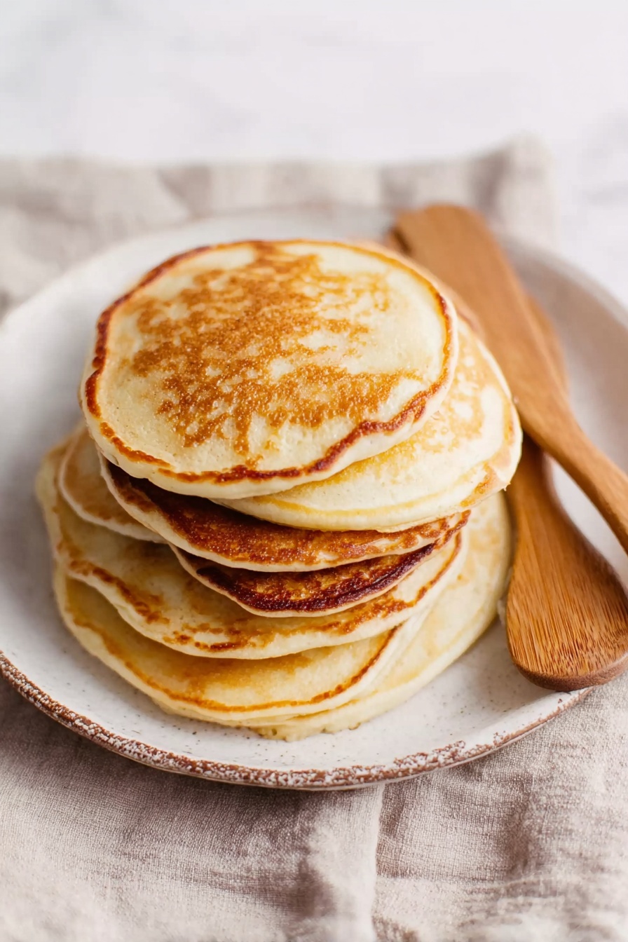 A stack of six golden-brown pancakes is placed slightly messy on a white plate with a rough edge and a beige cloth underneath. The pancakes have a soft and fluffy texture with light browning on top, showing subtle smooth and lacy surfaces. Next to the pancakes on the plate, there are two wooden spatulas resting diagonally, adding a rustic touch. The whole scene is set on a soft white marbled surface. photo taken with an iphone --ar 2:3 --v 7 - Fluffy Yogurt Pancakes, how to make fluffy pancakes with yogurt, easy yogurt pancake recipe, fluffy breakfast recipes, simple pancake ideas