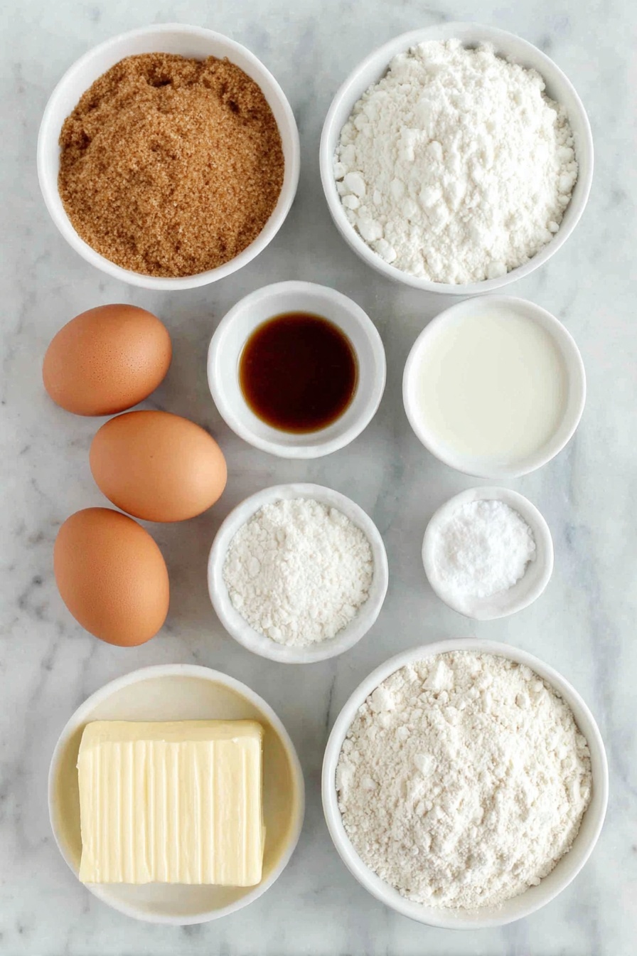 Flat lay of light brown sugar in a small white bowl, unsalted butter at room temperature as a solid golden block, two large whole uncracked brown eggs, a small white bowl of unsulfured molasses with deep amber color, a small white bowl of buttermilk with creamy white liquid, a small white bowl of powdered sugar finely sifted, a small white bowl of meringue powder as fine white granules, a small white bowl of vanilla extract pale golden liquid, ground ginger, ground cinnamon, ground nutmeg, ground cloves, and salt each in separate small white bowls showing their natural powdered textures and colors, a simple white ceramic bowl filled with all-purpose flour showing fine white powder, placed on a clean white marble surface, soft natural light, photo taken with an iPhone, professional food photography style, fresh ingredients, white ceramic bowls, no bottles, no duplicates, no utensils, no packaging --ar 2:3 --v 7 --p m7354615311229779997 - Festive Gingerbread Cupcakes, gingerbread cupcakes, holiday spice cupcakes, moist gingerbread muffins, holiday dessert recipes