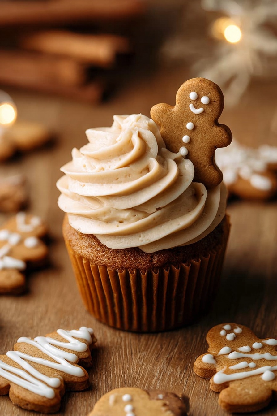 A brown cupcake with a thick layer of light beige frosting swirled on top, decorated with a small gingerbread man cookie partially pressed into the frosting on one side. Around the cupcake, there are several flat gingerbread cookies, including gingerbread men with three small white dots of icing on their bodies and triangular tree-shaped cookies with white icing dots and lines. The background is a warm wooden surface with cinnamon sticks and soft lighting. photo taken with an iphone --ar 2:3 --v 7 - Festive Gingerbread Cupcakes, gingerbread cupcakes, holiday spice cupcakes, moist gingerbread muffins, holiday dessert recipes