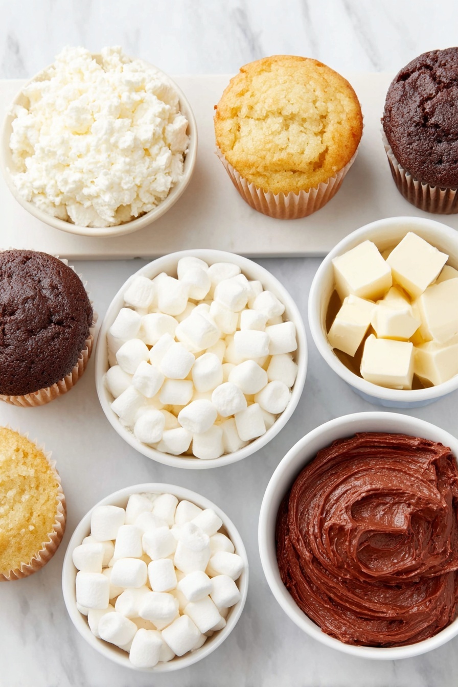 Flat lay of twelve plain cupcakes with golden and chocolate tops, a small white bowl filled with vibrant red frosting, and a scattering of fresh mini marshmallows neatly cut in half, all arranged with clean, natural symmetry on a simple white ceramic plate and bowls, placed on a clean white marble surface, soft natural light, photo taken with an iPhone, professional food photography style, fresh ingredients, white ceramic bowls, no bottles, no duplicates, no utensils, no packaging --ar 2:3 --v 7 --p m7354615311229779997 - Santa Hat Cupcakes with Mini Marshmallows, Christmas Cupcakes, Holiday Dessert Recipes, Festive Cupcake Ideas, Easy Christmas Treats
