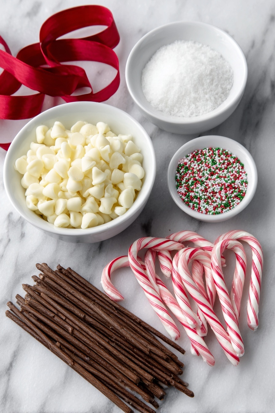 Flat lay of fresh mini candy canes with red and white stripes arranged in heart shapes, a small mound of white chocolate chips in a simple white ceramic bowl, a small white ceramic bowl with clear coconut oil, a cluster of red, green, and white festive holiday sprinkles in a small white ceramic bowl, a neat bundle of plain wooden lollipop sticks placed symmetrically, and a few vibrant red ribbons loosely coiled, all placed on a clean white marble surface, soft natural light, photo taken with an iPhone, professional food photography style, fresh ingredients, white ceramic bowls, no bottles, no duplicates, no utensils, no packaging --ar 2:3 --v 7 --p m7354615311229779997 - Candy Cane Heart Lollipops, festive holiday treats, peppermint chocolate lollipops, homemade Christmas candies, heart-shaped lollipops