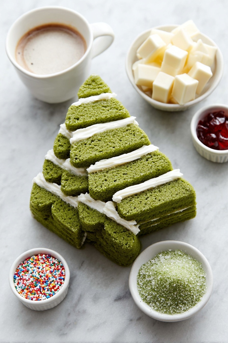 Flat lay of a stack of five fresh Christmas tree shaped cakes with green frosting and white icing layered inside, a small white ceramic bowl filled with smooth white chocolate melts, a small white ceramic bowl of bright red candy melts for drizzling, a small white ceramic bowl of colorful festive sprinkles, and a small white ceramic bowl of sparkling green sanding sugar, all arranged symmetrically on a clean white marble surface, soft natural light, photo taken with an iPhone, professional food photography style, fresh ingredients, white ceramic bowls, no bottles, no duplicates, no utensils, no packaging --ar 2:3 --v 7 --p m7354615311229779997 - Christmas Tree Cake Truffles, festive Christmas treats, holiday dessert ideas, no-bake holiday candies, easy Christmas truffles
