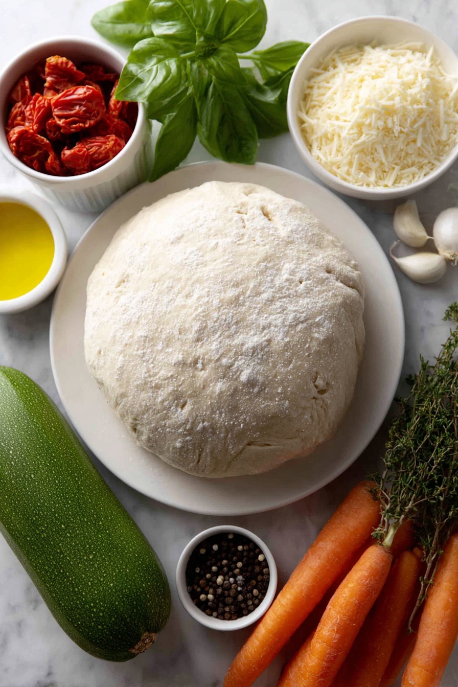 Flat lay of a smooth, unbaked pale pie crust disk on a simple white ceramic plate, a small white bowl with bright red sun-dried tomatoes, a small white bowl containing fresh shiny basil leaves, two whole uncracked garlic cloves with smooth white skins, a small white bowl filled with golden olive oil, a small white bowl holding finely shredded pale parmesan cheese, a fresh large zucchini with glossy dark green skin, a large yellow squash with vibrant yellow skin, three medium carrots with bright orange color and fresh green tops, a small white bowl with mixed fresh rosemary, thyme, and oregano sprigs, a small white bowl of coarse salt crystals, and a small white bowl of whole black peppercorns, all arranged in perfect symmetry, with natural soft light highlighting the freshness, placed on a clean white marble surface, soft natural light, photo taken with an iPhone, professional food photography style, fresh ingredients, white ceramic bowls, no bottles, no duplicates, no utensils, no packaging --ar 2:3 --v 7 --p m7354615311229779997 - Vegetable Spiral Tart, vegetable tart recipe, veggie spiral tart, easy vegetable tart, healthy veggie tart