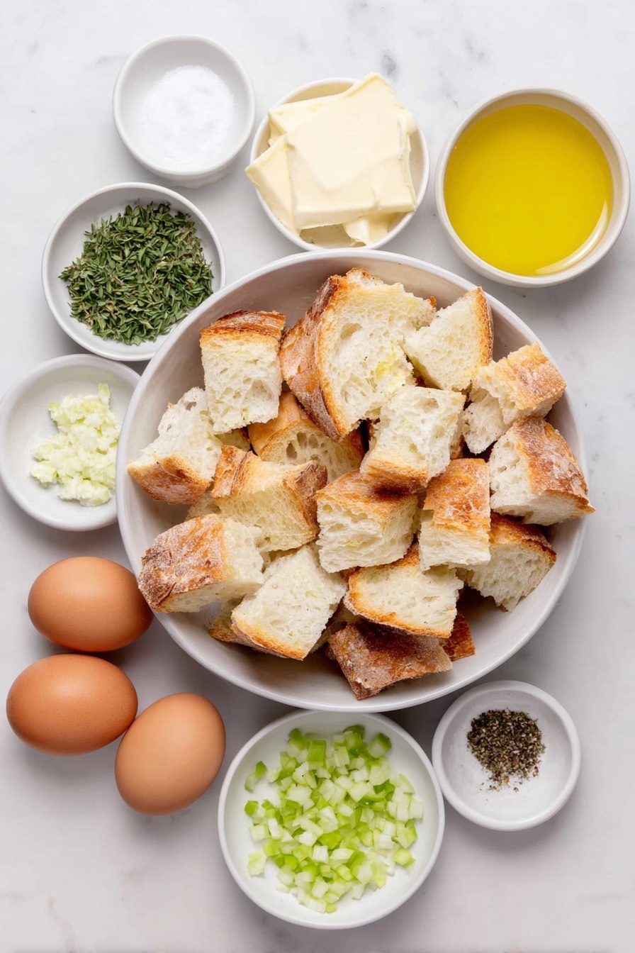 Flat lay of cubed toasted Texas toast bread piled loosely in a large white ceramic bowl, a small white ceramic bowl of melted unsalted butter, diced white onion in a neat pile, sliced celery stalks arranged in a small cluster, a small white ceramic bowl of minced fresh garlic, fresh sage leaves scattered beside minced fresh sage in a small white ceramic bowl, a small pile of minced fresh parsley, three whole brown eggs with clean shells, a small white ceramic bowl filled with golden chicken broth, a small white ceramic bowl of minced fresh thyme, a small white ceramic bowl of kosher salt crystals, a small white ceramic bowl with freshly cracked black pepper grains, all ingredients spaced evenly and symmetrically, placed on a clean white marble surface, soft natural light, photo taken with an iPhone, professional food photography style, fresh ingredients, white ceramic bowls, no bottles, no duplicates, no utensils, no packaging --ar 2:3 --v 7 --p m7354615311229779997 - Homemade Stuffing with Sage and Herbs, flavorful stuffing recipe, holiday stuffing side dish, moist and fluffy stuffing, herb-infused stuffing