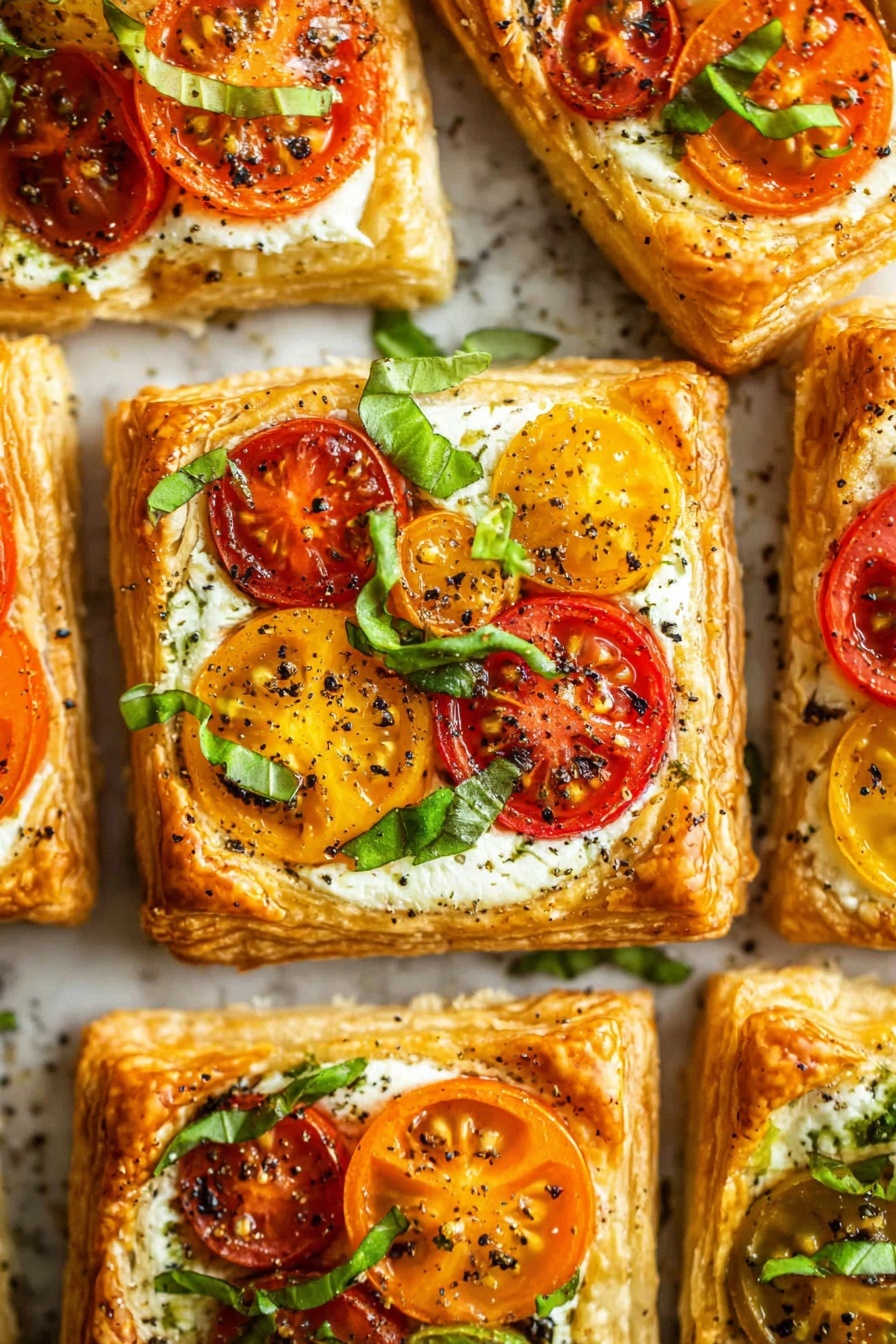 The image shows several square puff pastry tarts arranged close together on a white marbled surface. Each tart has a golden-brown, flaky crust with raised edges creating a border. Inside the border is a creamy white cheese layer that looks soft and smooth. On top, there are halved cherry tomatoes in red, orange, and yellow colors, slightly roasted with a light char, placed evenly. Thin strips of fresh green basil are scattered over the tomatoes, adding a fresh touch. The tarts are sprinkled with black pepper, adding small dark specks contrast to the bright colors. The lighting highlights the shiny, crisp texture of the puff pastry and the vibrant colors of the tomatoes. photo taken with an iphone --ar 2:3 --v 7 - Tomato Ricotta Puff Pastry Tartlets, easy savory tartlets, roasted tomato appetizer, flaky puff pastry recipes, quick vegetarian appetizers