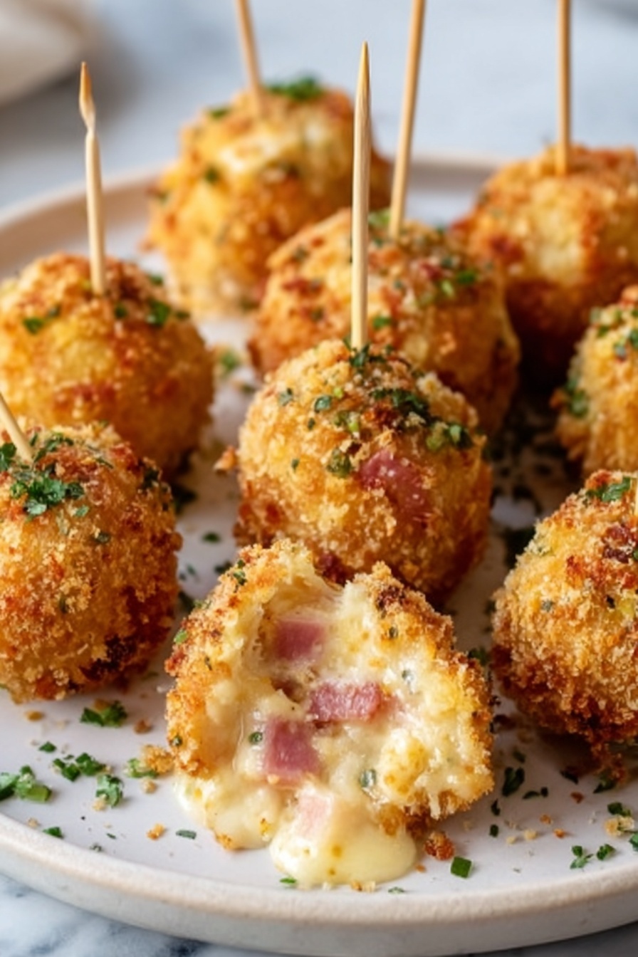 The image shows a white plate on a white marbled surface filled with golden brown crispy balls. Each ball is coated in crunchy breadcrumbs, and one ball in the front is cut open to show a creamy inside with small pieces of pink ham and melted cheese. Toothpicks stick out from the top of each ball, making them easy to pick up. Some green herbs are sprinkled around the plate for decoration. photo taken with an iphone --ar 2:3 --v 7 - Cheese-Stuffed Chicken Cordon Bleu Bites, Chicken Cordon Bleu appetizer, Easy chicken bites, Crispy cheese chicken snacks, Party chicken appetizer