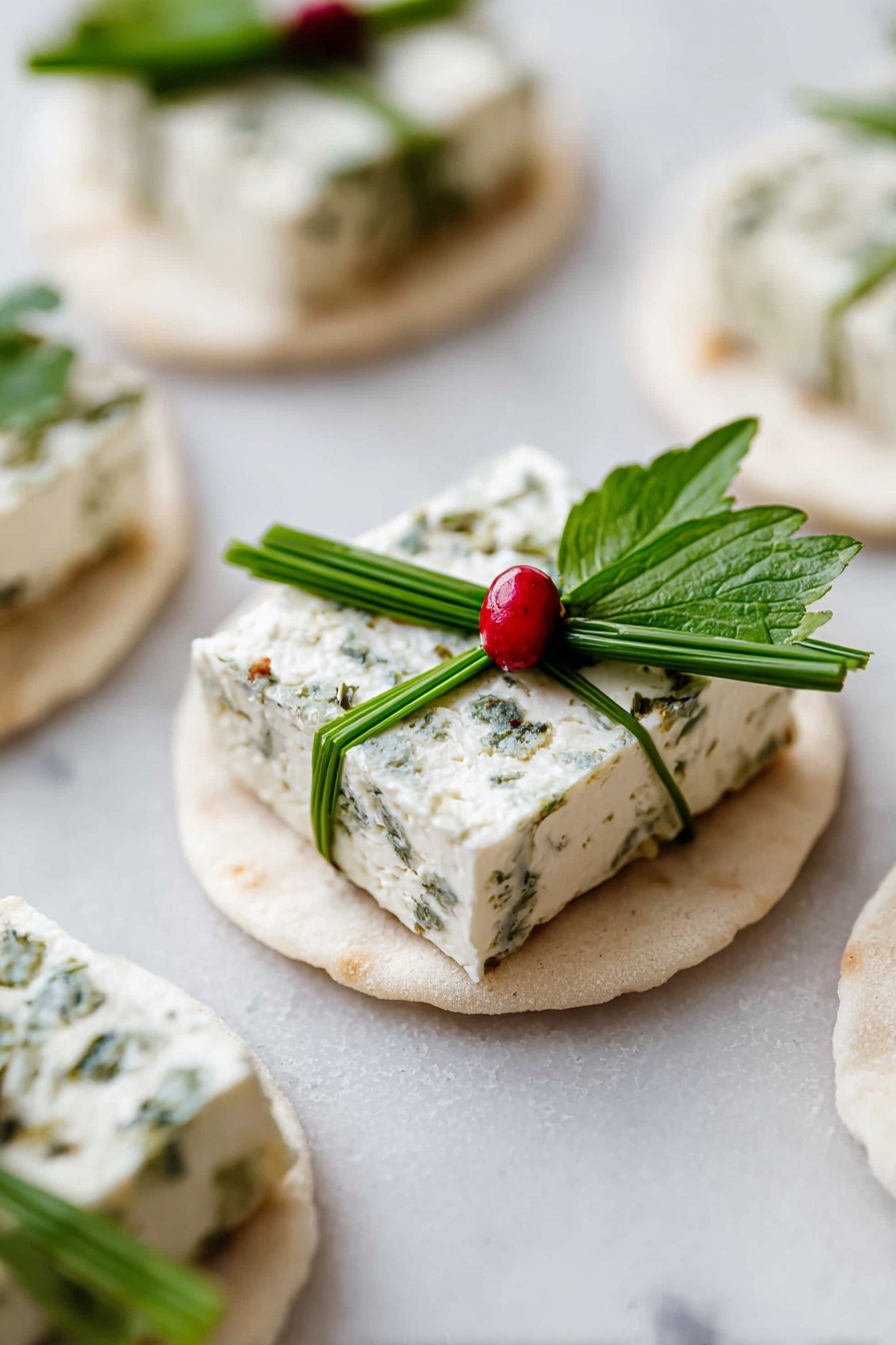 The image shows small round white flatbreads as the base, each topped with a square piece of white cheese speckled with herbs. On top of the cheese, there is a green decoration made of two chive stalks crossed like a ribbon, holding a small green leaf and a single small red berry in the center, making it look like a tiny wrapped gift. The flatbreads and cheese have soft, smooth textures, while the herbs and leaves add fresh green details. These bites are arranged on a white marbled surface in a close-up shot. photo taken with an iphone --ar 2:3 --v 7 - Herbed Goat Cheese Christmas Appetizer, festive holiday appetizers, easy Christmas party snacks, elegant holiday hors d'oeuvres, quick Christmas appetizer ideas