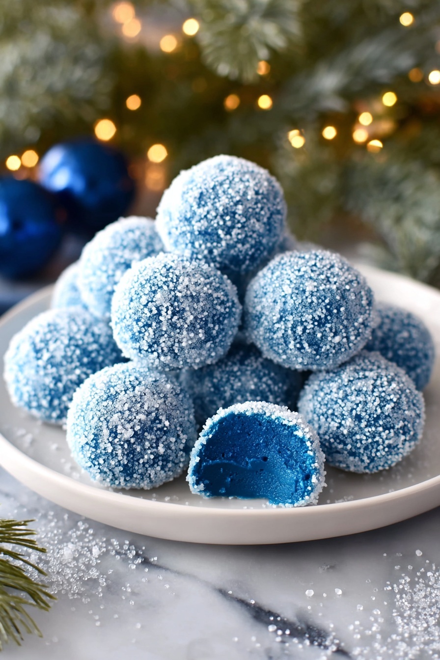 A white plate holds a pile of round blue treats covered in sparkling white sugar crystals, creating a glittery texture. One treat in the front has a bite taken out of it, showing a smooth, solid blue inside layer that matches the outer color. The plate sits on a white marbled surface with a few scattered sparkling bits around it, and the background includes blurred green pine branches and warm lights creating a cozy feel. Photo taken with an iphone --ar 2:3 --v 7 - Blue Curacao White Chocolate Truffles, blue curacao dessert, white chocolate truffle recipe, citrus white chocolate confections, festive truffles with blue curacao