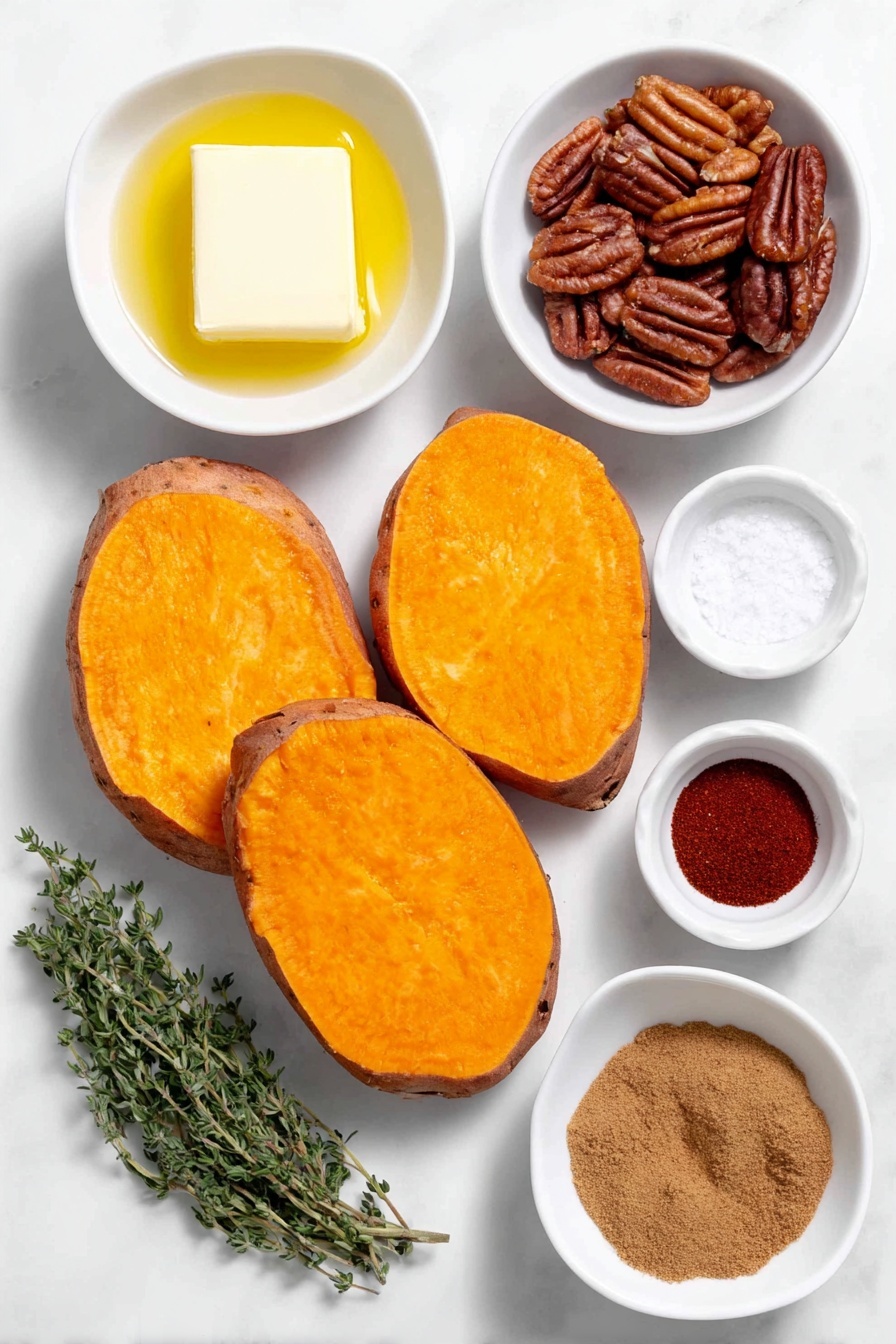 Flat lay of two large sweet potatoes sliced into thick rounds with bright orange flesh, a small white ceramic bowl of golden melted butter, a small white ceramic bowl filled with warm brown cinnamon powder, a small white ceramic bowl containing coarse salt crystals, a small white ceramic bowl with deep red paprika powder, a small white ceramic bowl of freshly ground black pepper, a small white ceramic bowl holding amber maple syrup, a small white ceramic bowl of chopped pecans with their natural brown shells and texture, and a few fresh green thyme sprigs arranged neatly, all placed on a clean white marble surface, soft natural light, photo taken with an iPhone, professional food photography style, fresh ingredients, white ceramic bowls, no bottles, no duplicates, no utensils, no packaging --ar 2:3 --v 7 --p m7354615311229779997 - Maple Pecan Roasted Sweet Potatoes, sweet potato side dish, fall holiday side recipes, easy roasted sweet potatoes, nutty sweet potato recipes
