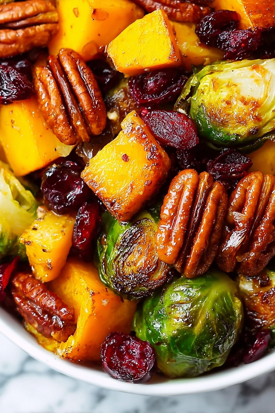 The image shows a close-up of roasted vegetables and nuts in a white bowl. There are bright yellow-orange chunks with a soft texture, roasted green Brussels sprouts with dark brown charred spots, glossy pecans with a smooth ridged surface, and shiny dark red dried cranberries scattered throughout. The colors are warm and rich with a mix of textures from soft to crunchy. The dish looks moist and well-seasoned. The background is a white marbled texture. photo taken with an iphone --ar 2:3 --v 7 - Roasted Brussels Sprouts and Butternut Squash Salad, roasted vegetable salads, autumn harvest salad, healthy fall salads, Thanksgiving vegetable side dish