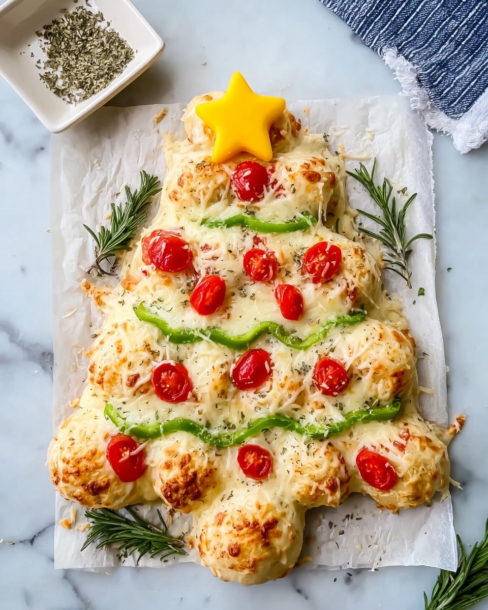 The image shows a Christmas tree-shaped dough made of small round dough balls placed closely together on white parchment paper on a baking tray. The dough is light beige with a slightly smooth texture. On top, there is a layer of shredded white cheese sprinkled evenly across the tree shape. Small red cherry tomatoes and small slices of round pepperoni are placed over the cheese, giving bright red spots. Thin strips of green bell pepper are arranged in a zigzag pattern to look like garlands on the tree. At the bottom center, representing the tree trunk, there is a small cluster of dough balls covered with herbs and spices, creating a darker, speckled appearance. The baking tray is on a white marbled surface, and a striped cloth is partially visible on the left side. photo taken with an iphone --ar 2:3 --v 7 - Festive Christmas Tree Pizza, Christmas Tree Pizza, Holiday Pizza Recipe, Christmas Party Food, Easy Festive Pizza