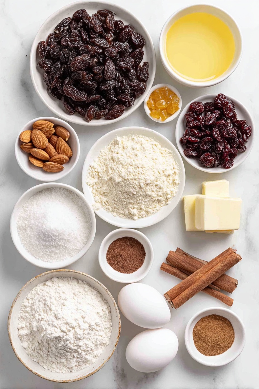 Flat lay of dark raisins in a small white ceramic bowl, golden raisins in a small white ceramic bowl, currants in a small white ceramic bowl, diced candied orange peel in a small white ceramic bowl, dried cranberries cut into pieces in a small white ceramic bowl, whole almonds with skins scattered neatly, a small white ceramic bowl of dark rum, a small white ceramic bowl of orange juice, a small mound of all-purpose flour on a white ceramic plate, a small pile of instant dry yeast granules on a white ceramic plate, a small white ceramic bowl of warm milk, a small heap of salt on a white ceramic plate, small piles of ground cardamom, ground cloves, and ground nutmeg each separately arranged on white ceramic plates, finely grated lemon zest arranged in a small neat pile on a white ceramic plate, a small white ceramic plate with two sticks of unsalted butter, two large whole uncracked eggs with clean shells, a small white ceramic bowl of sugar, a small white ceramic bowl of vegetable oil, small white ceramic bowls of powdered sugar, ground ginger and nutmeg together arranged separately -- all ingredients arranged with perfect symmetry and realistic proportions placed on a clean white marble surface, soft natural light, photo taken with an iPhone, professional food photography style, fresh ingredients, white ceramic bowls, no bottles, no duplicates, no utensils, no packaging --ar 2:3 --v 7 --p m7354615311229779997 - Festive Christmas Stollen Bread, Christmas Stollen, holiday bread recipe, traditional Christmas cake, easy Christmas Stollen